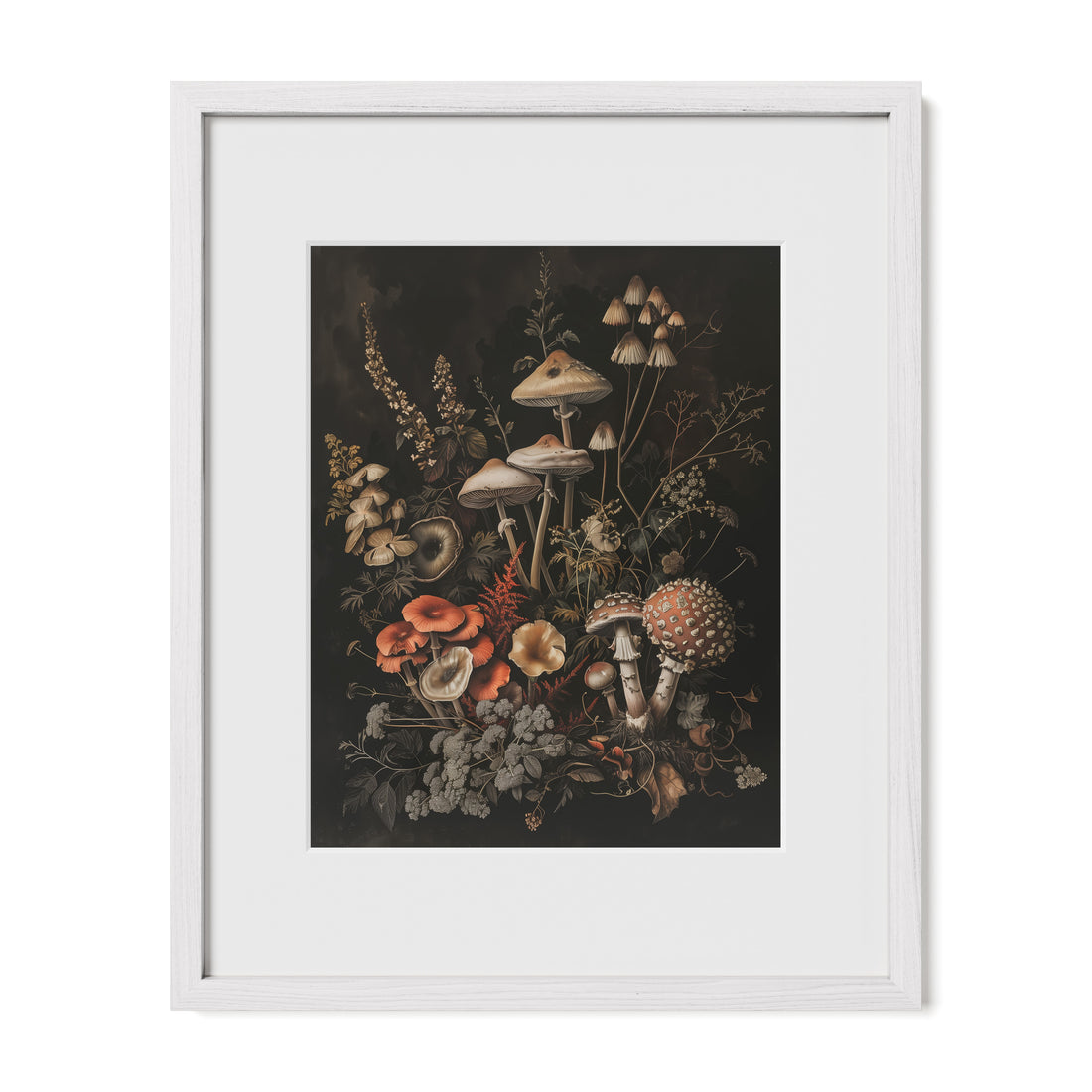 white framed cottage gothic mushroom wall art print with mat