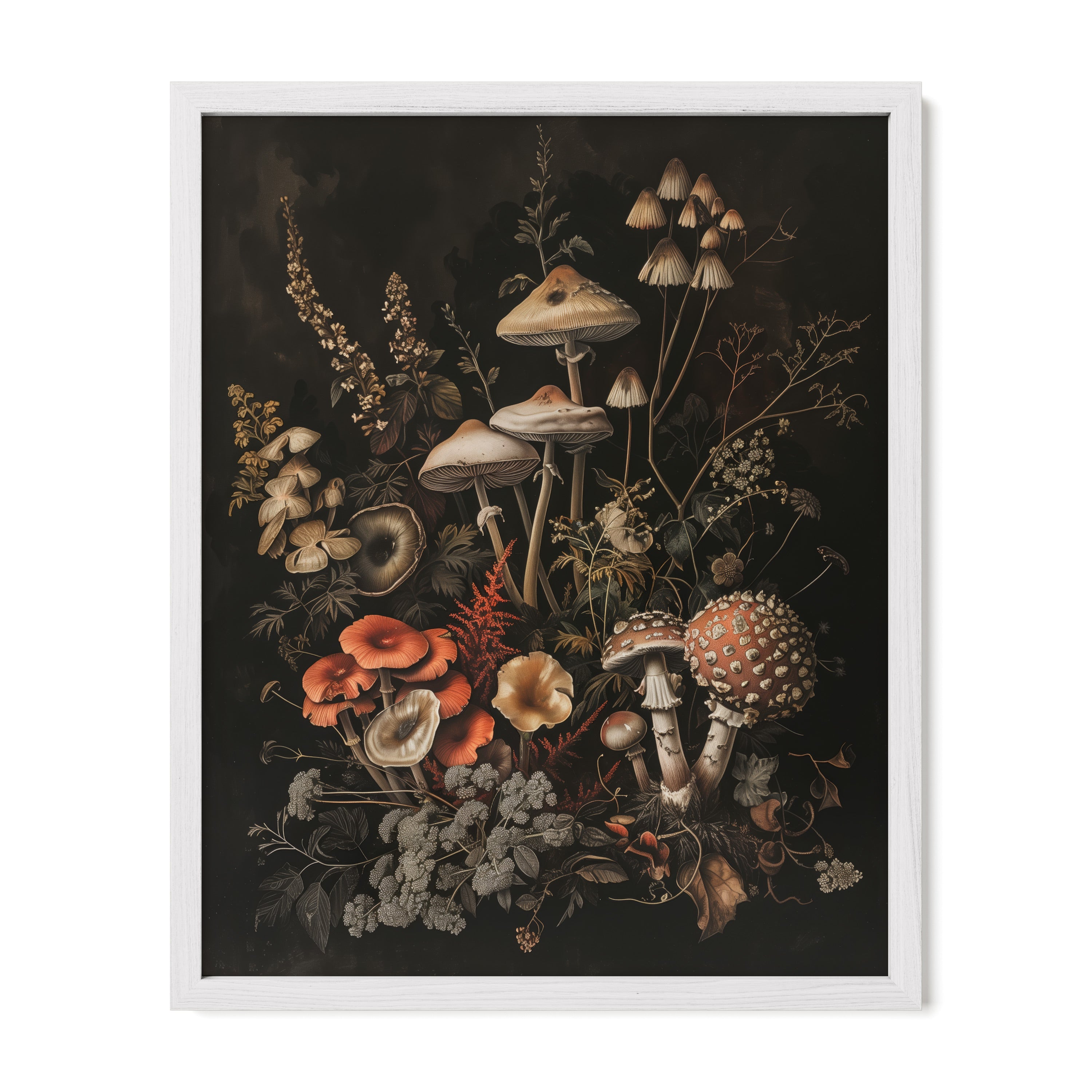 white framed forest mushroom wall art print