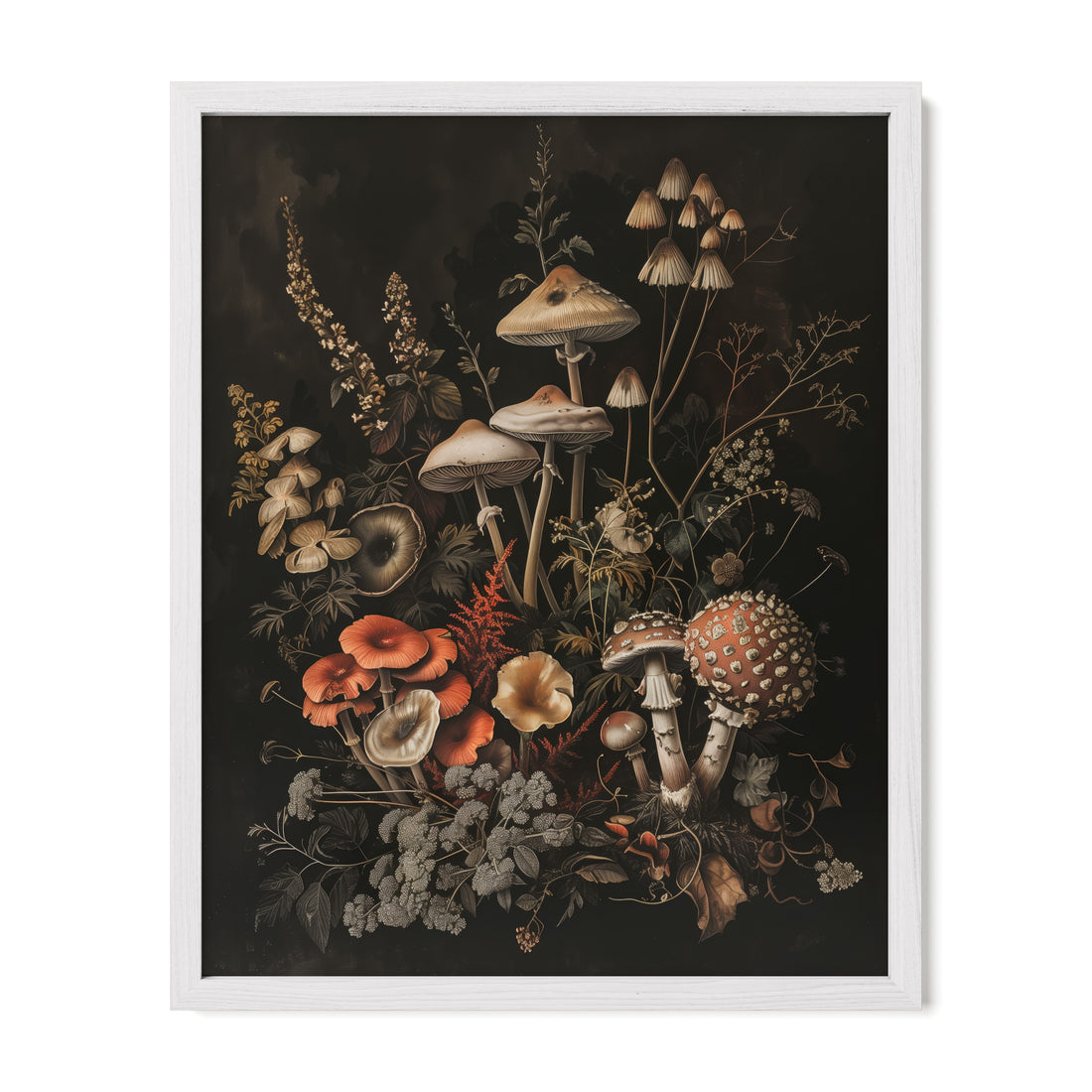 white framed forest mushroom wall art print