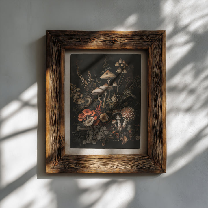 wooden framed mushroom botanical wall art print