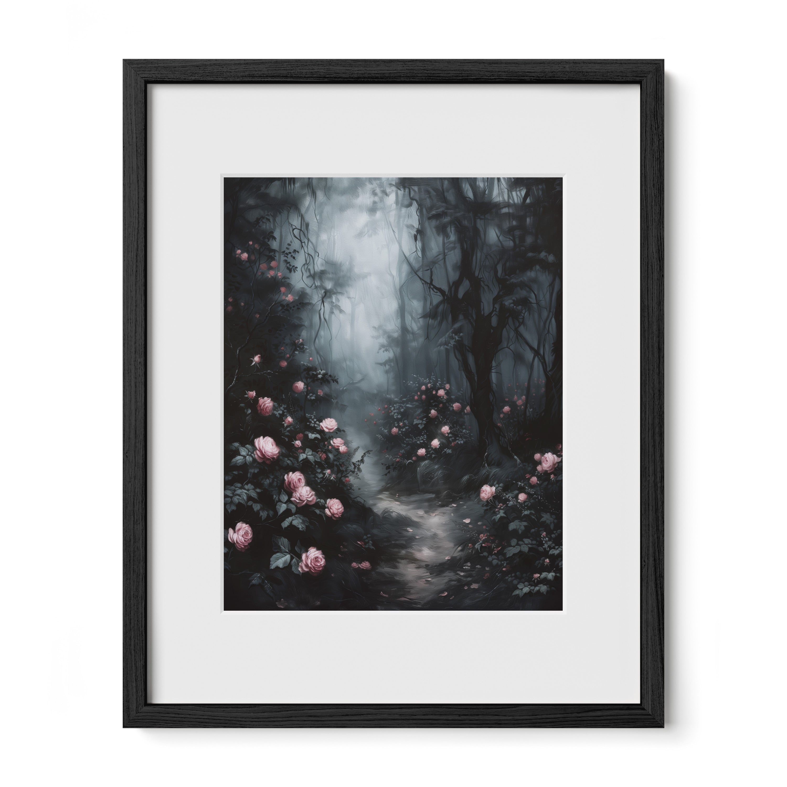 black framed moonlit rose wall art print with mat