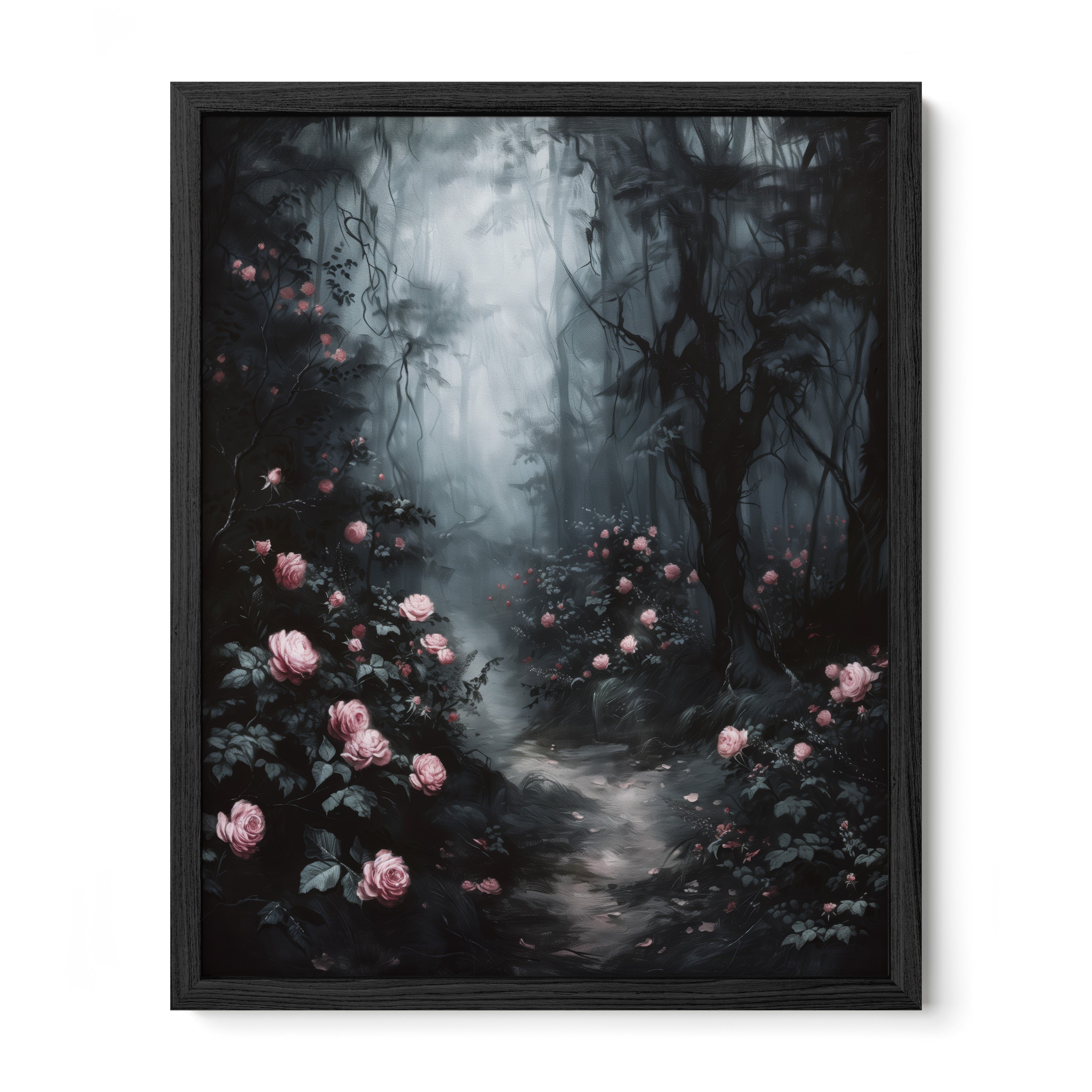 black framed gothic floral forest wall art print