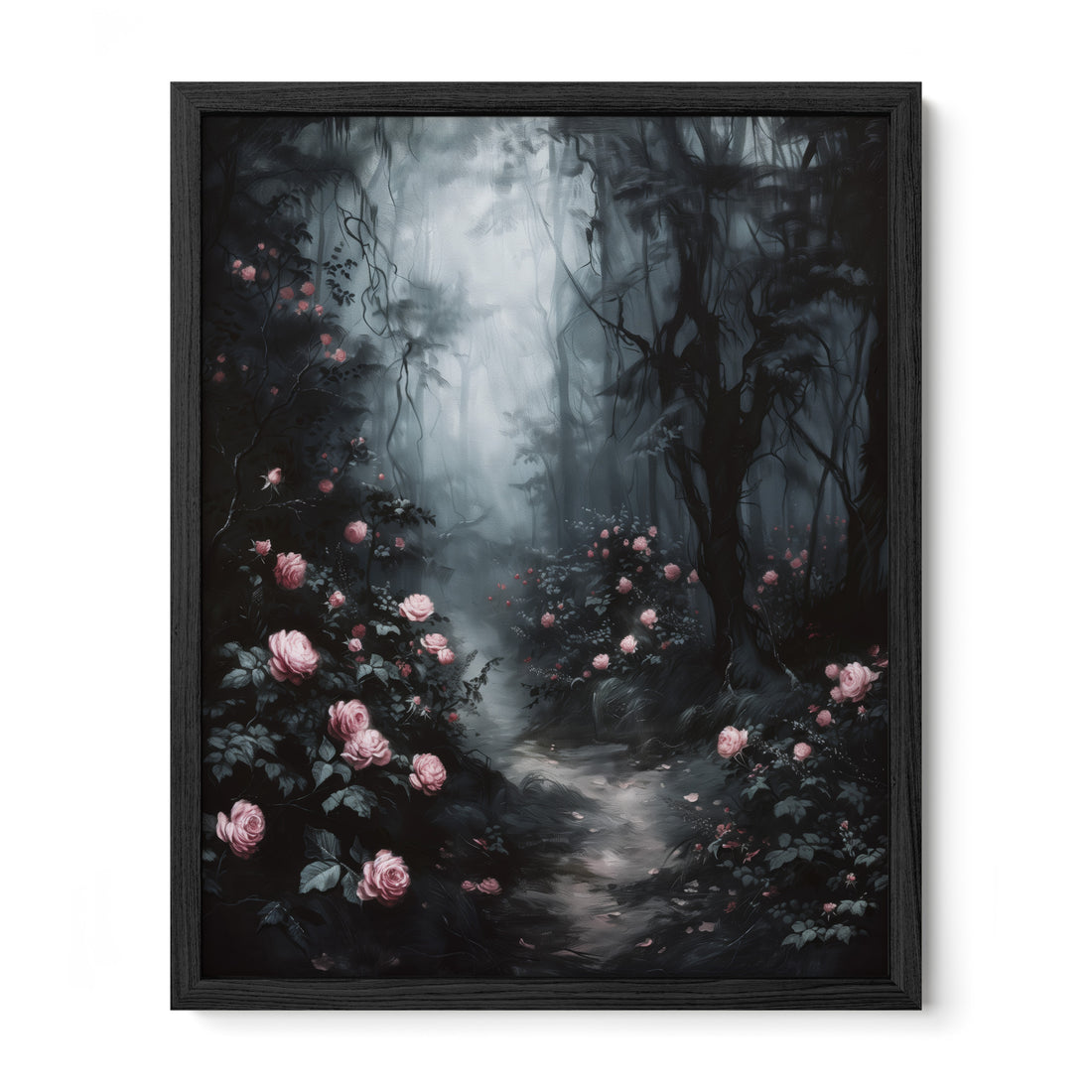 black framed gothic floral forest wall art print
