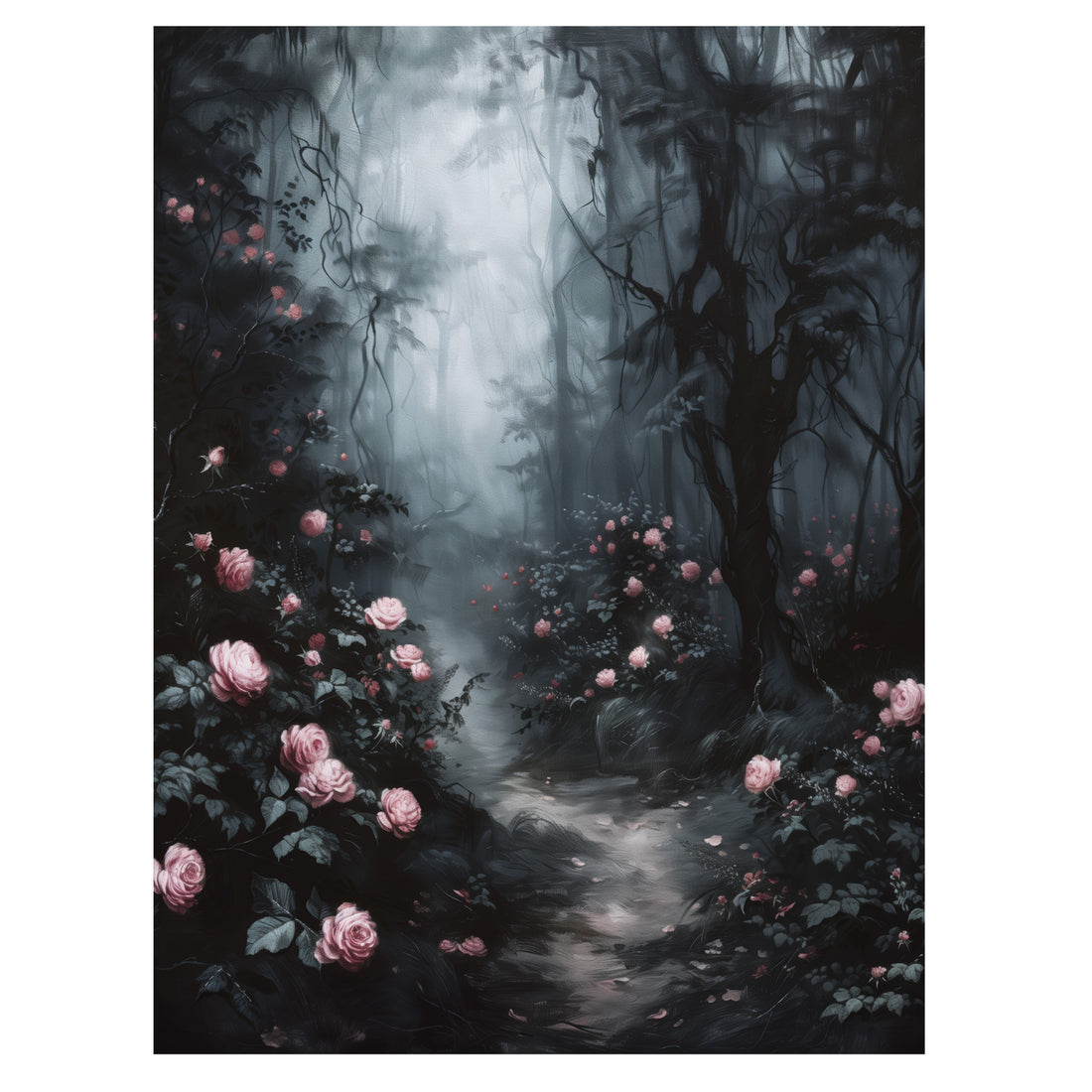 gothic forest rose wall art print with moonlit roses and misty woodland path