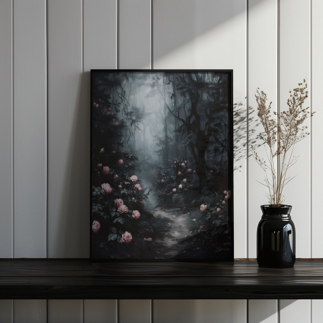 thin black framed gothic floral forest wall art print