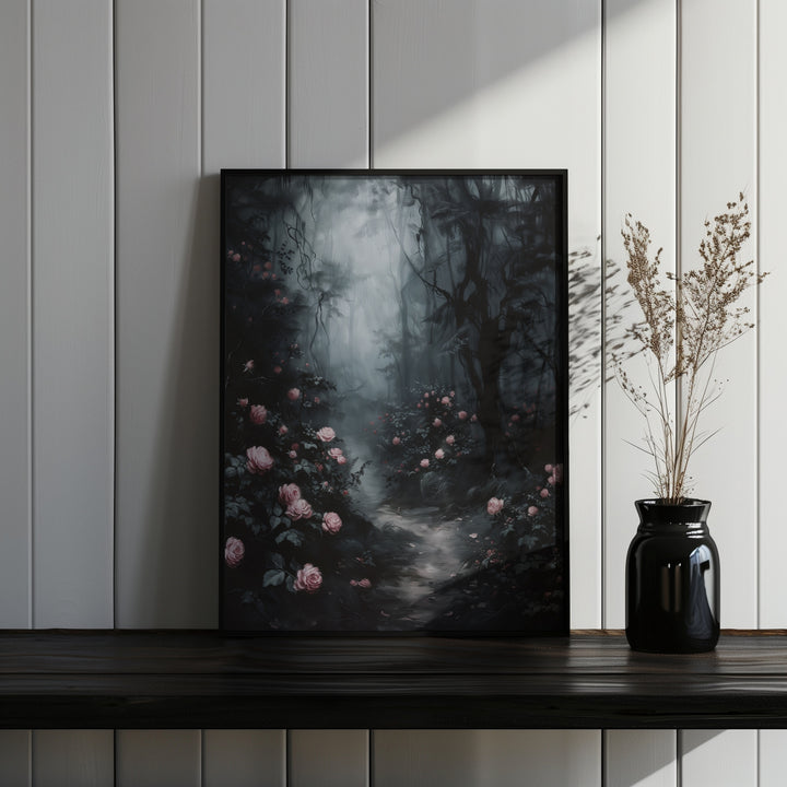 thin black framed gothic floral forest wall art print