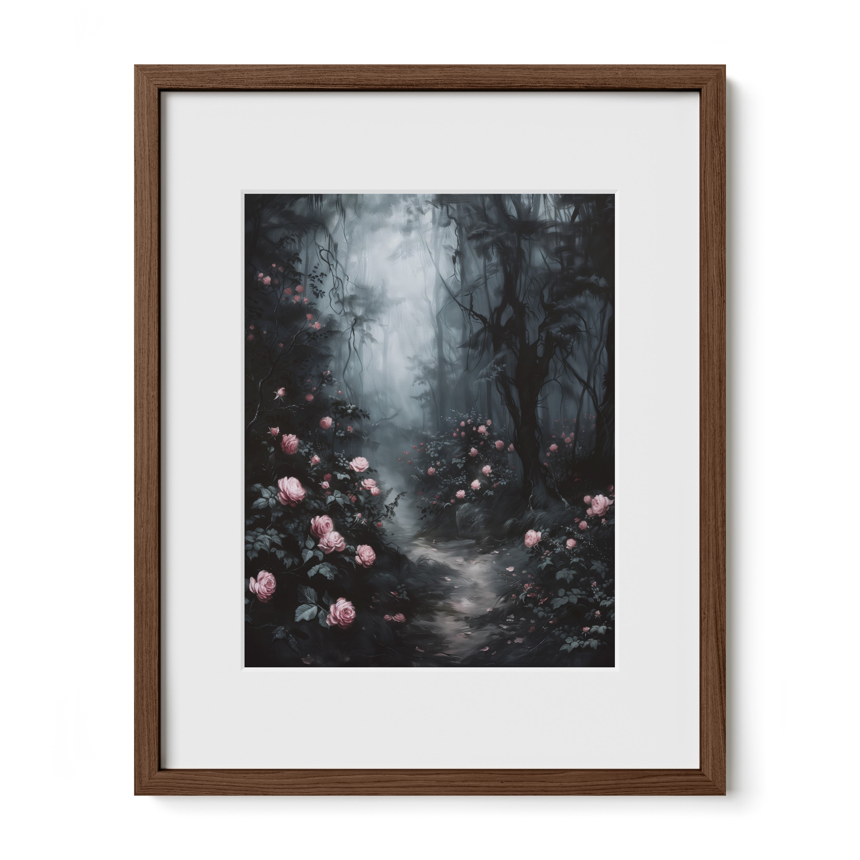 walnut framed enchanted floral woodland print with mat