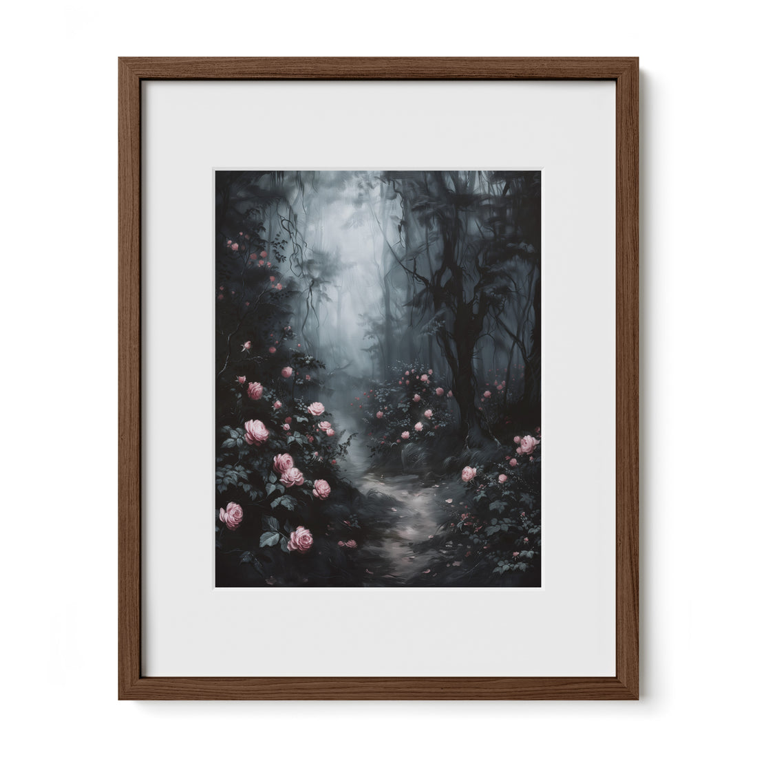 walnut framed enchanted floral woodland print with mat