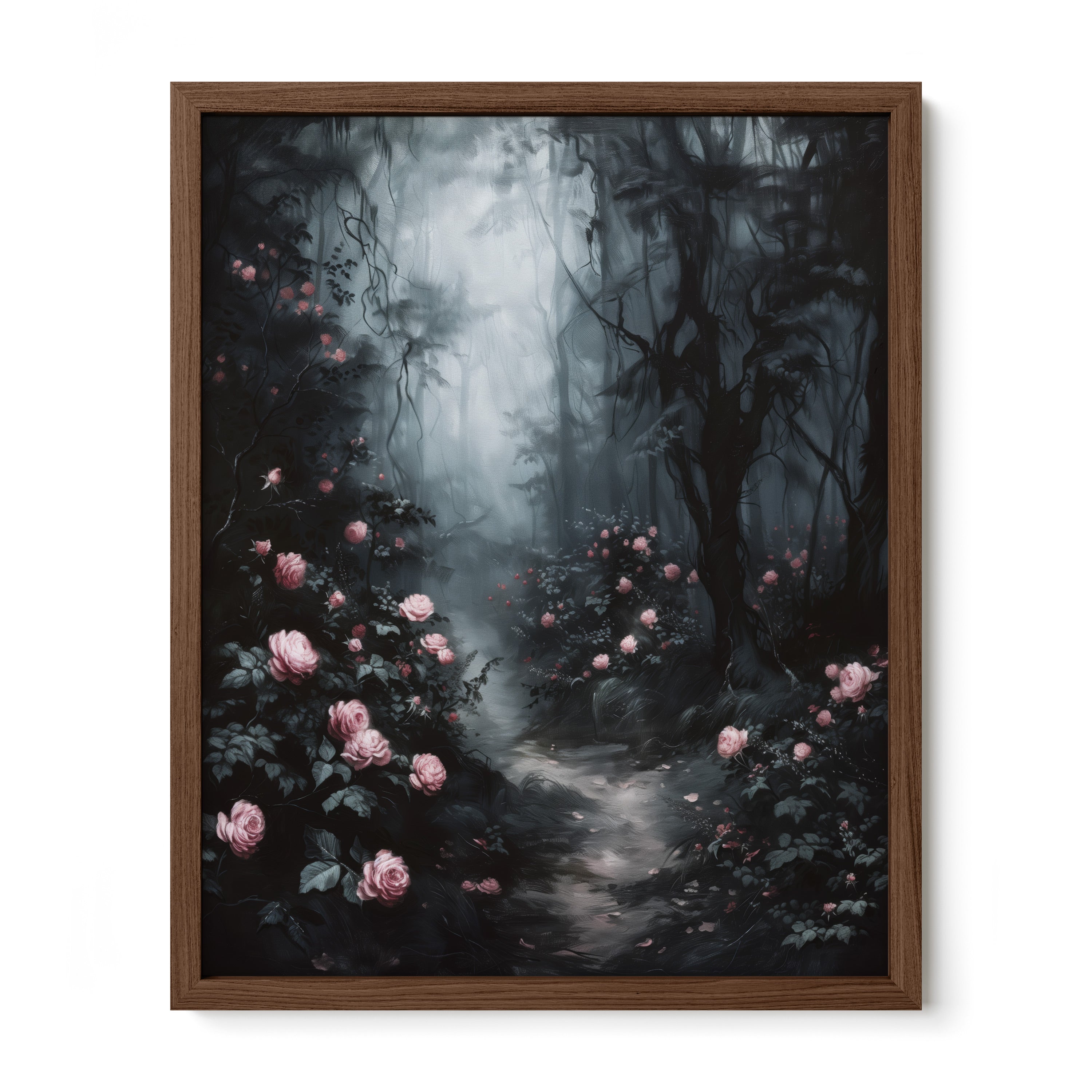 walnut framed dark romantic forest rose wall art print
