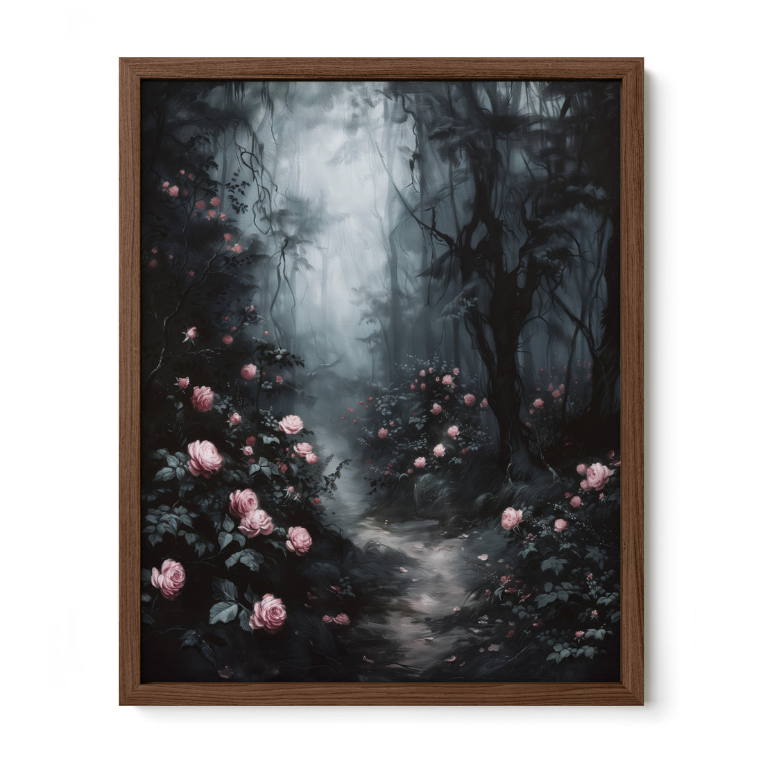 walnut framed dark romantic forest rose wall art print