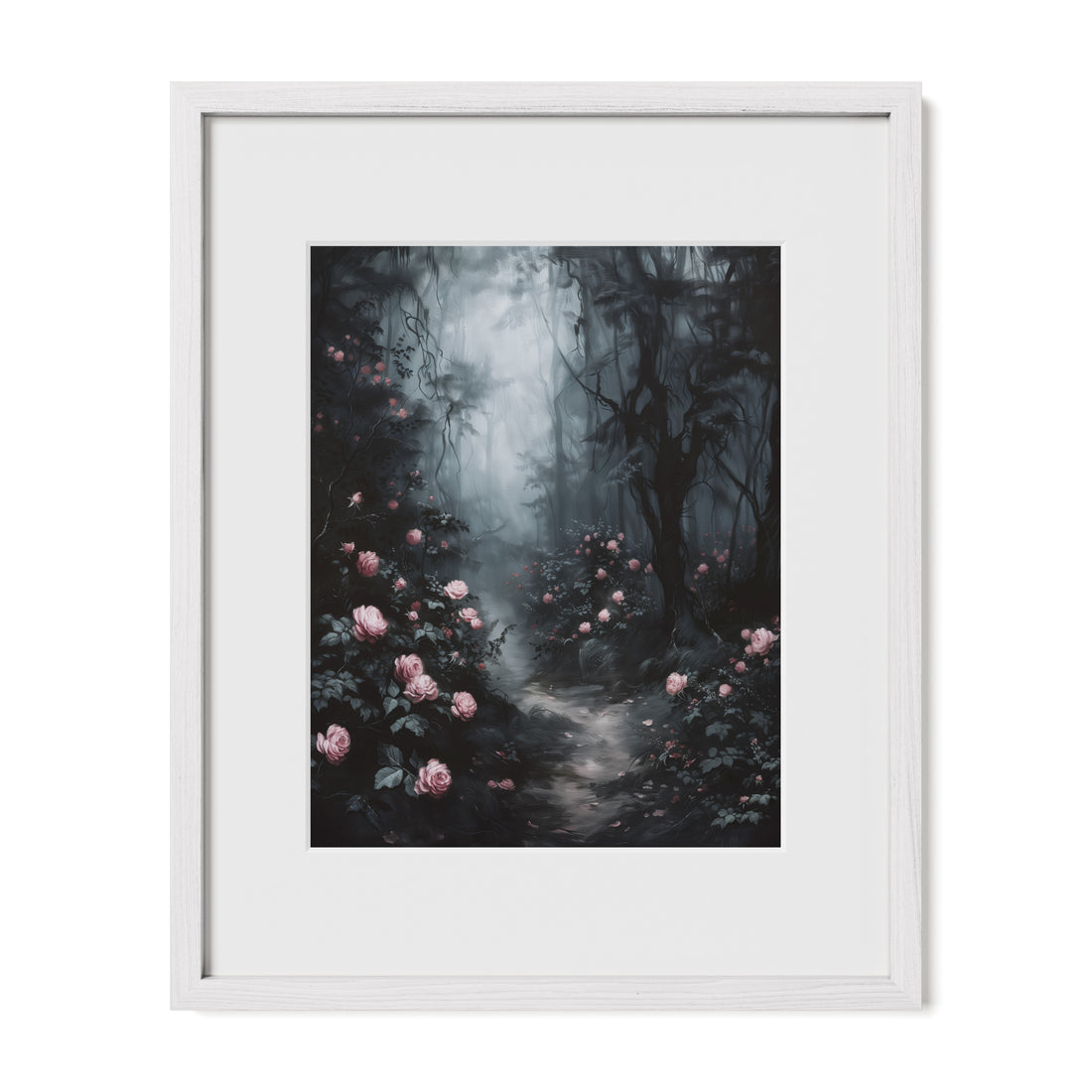 white framed mystical floral gothic wall art print with mat
