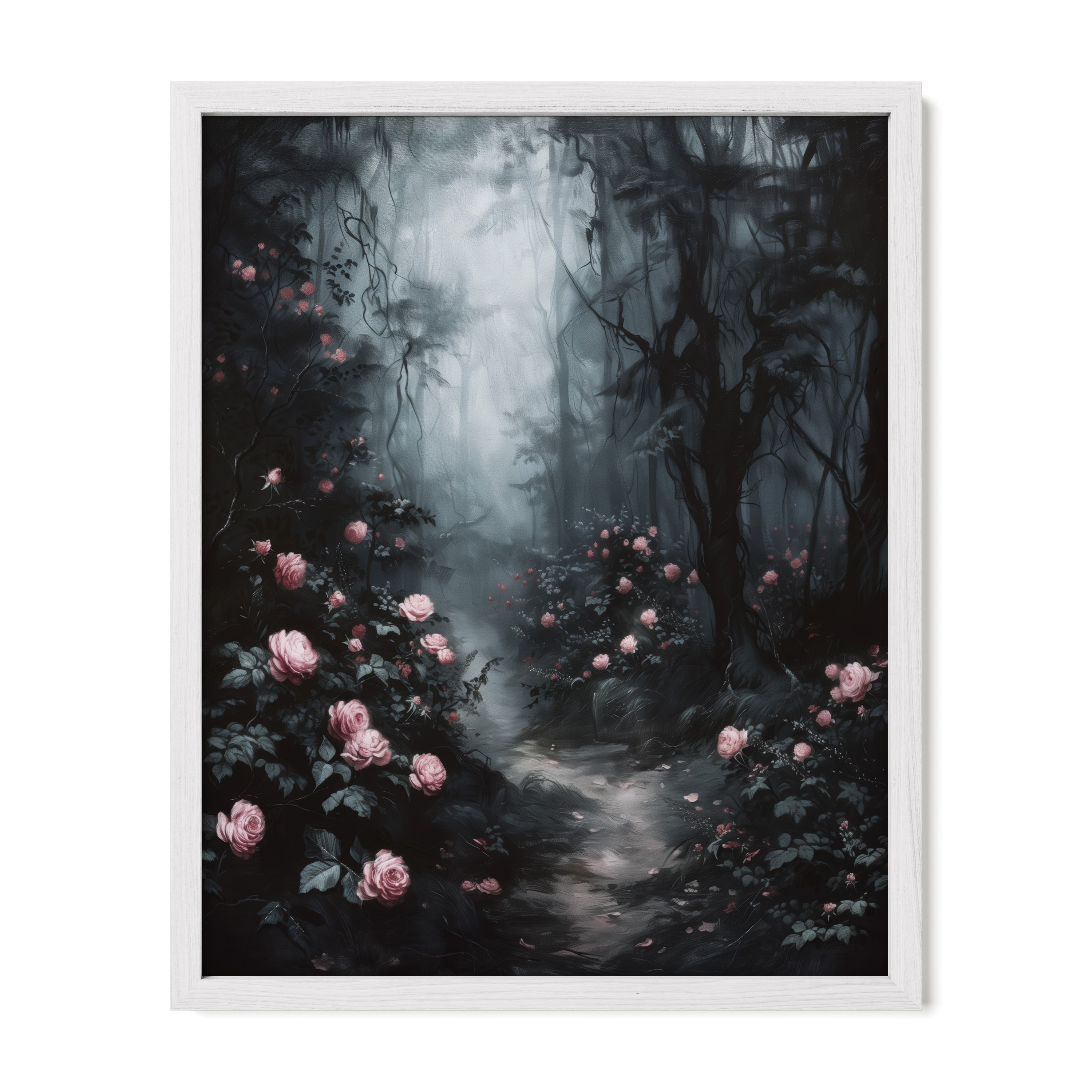 white framed gothic rose forest wall art print