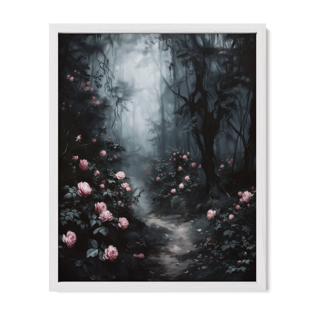 white framed gothic rose forest wall art print