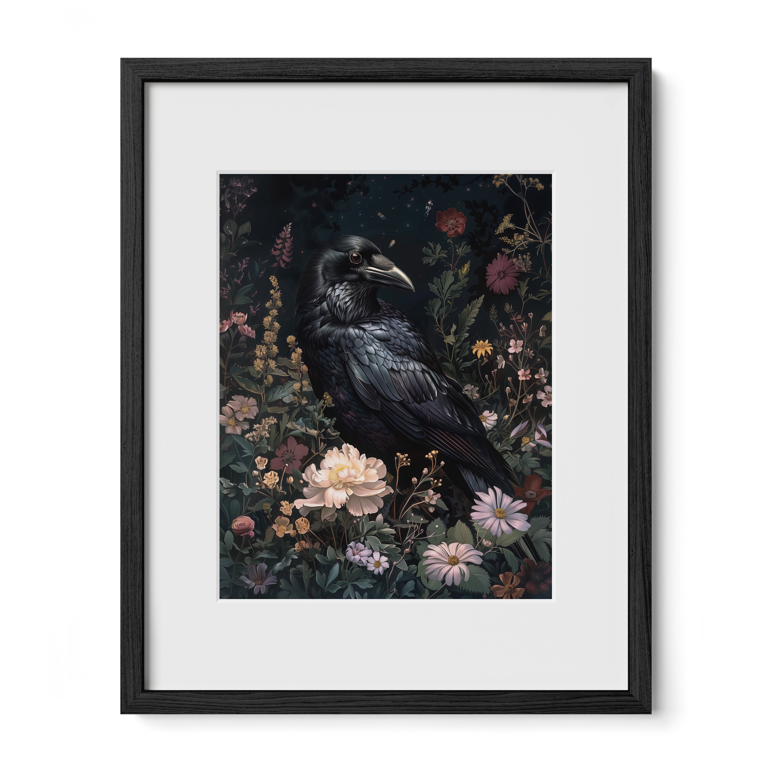 black framed raven floral wall art print with mat