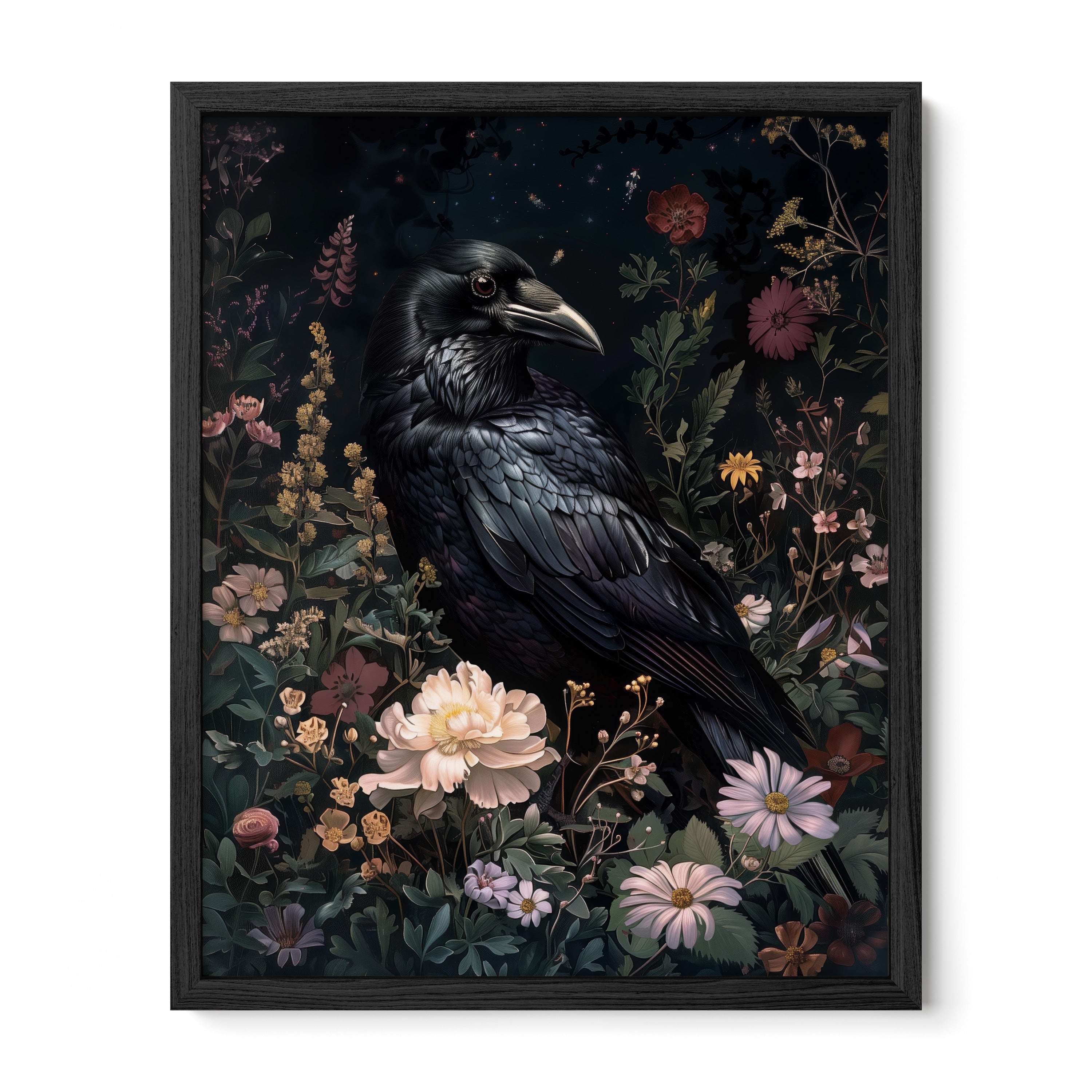 black framed gothic raven botanical wall art print