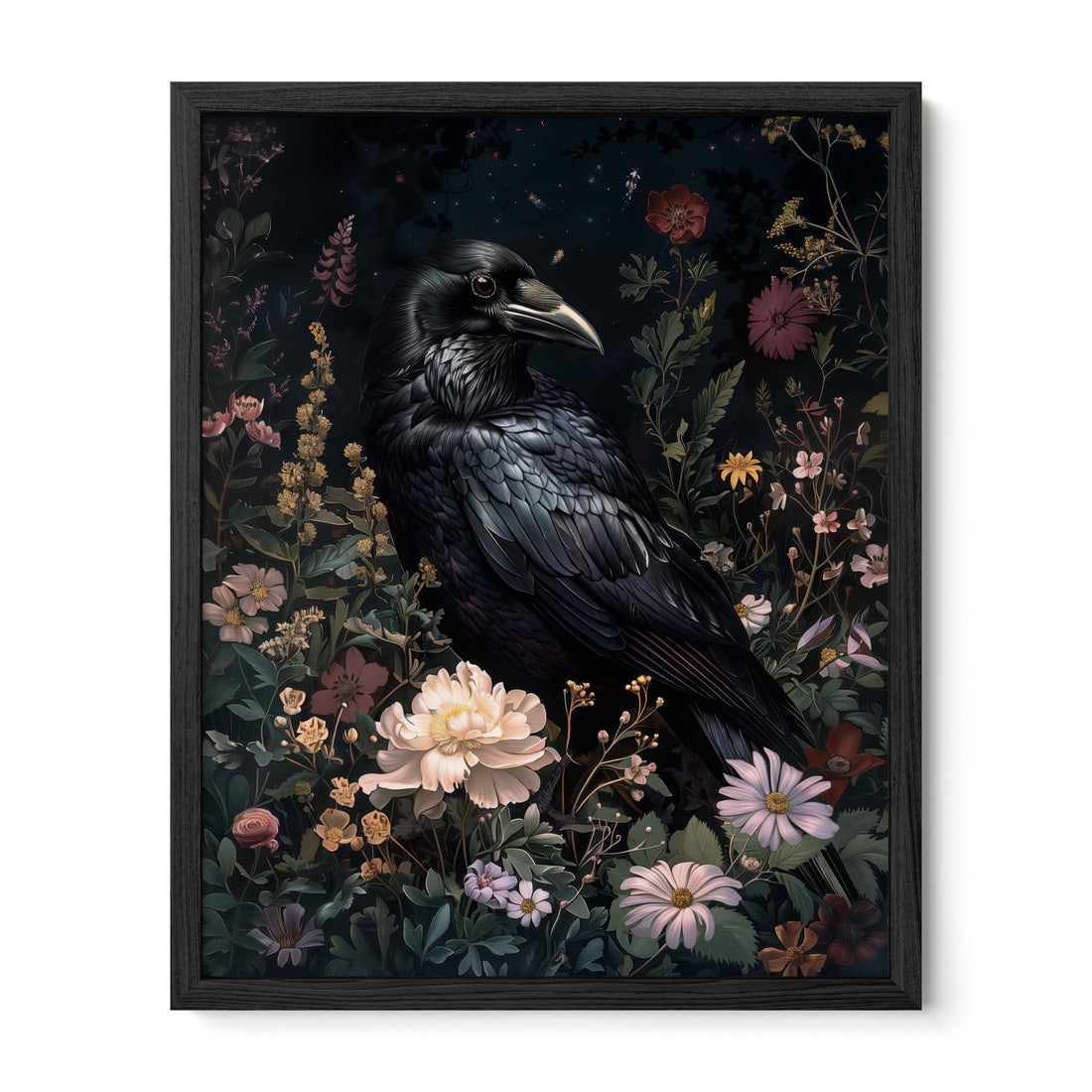 black framed gothic raven botanical wall art print
