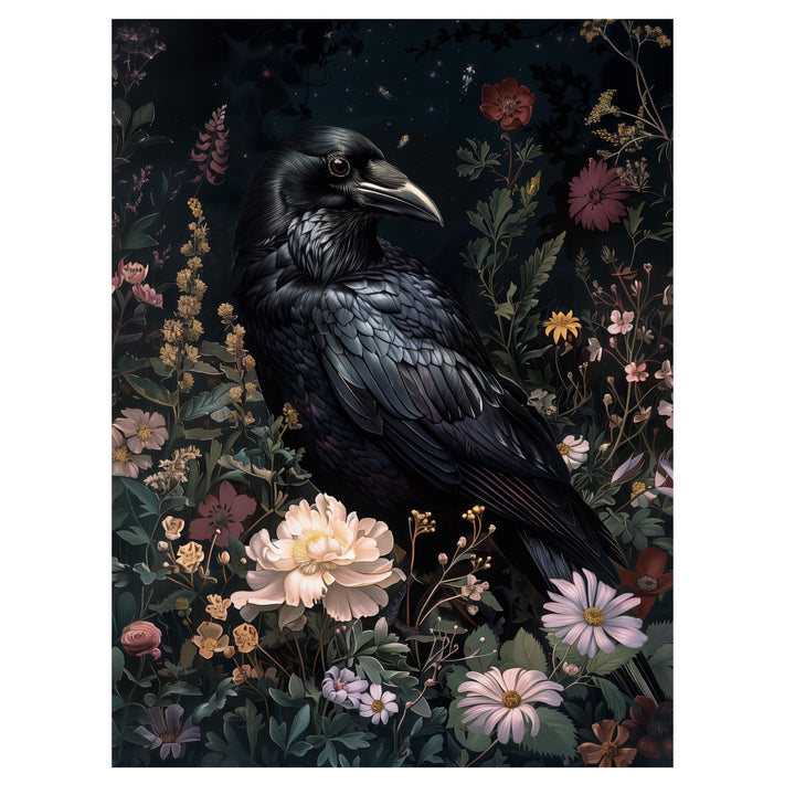 gothic raven botanical wall art print with raven surrounded by wildflowers