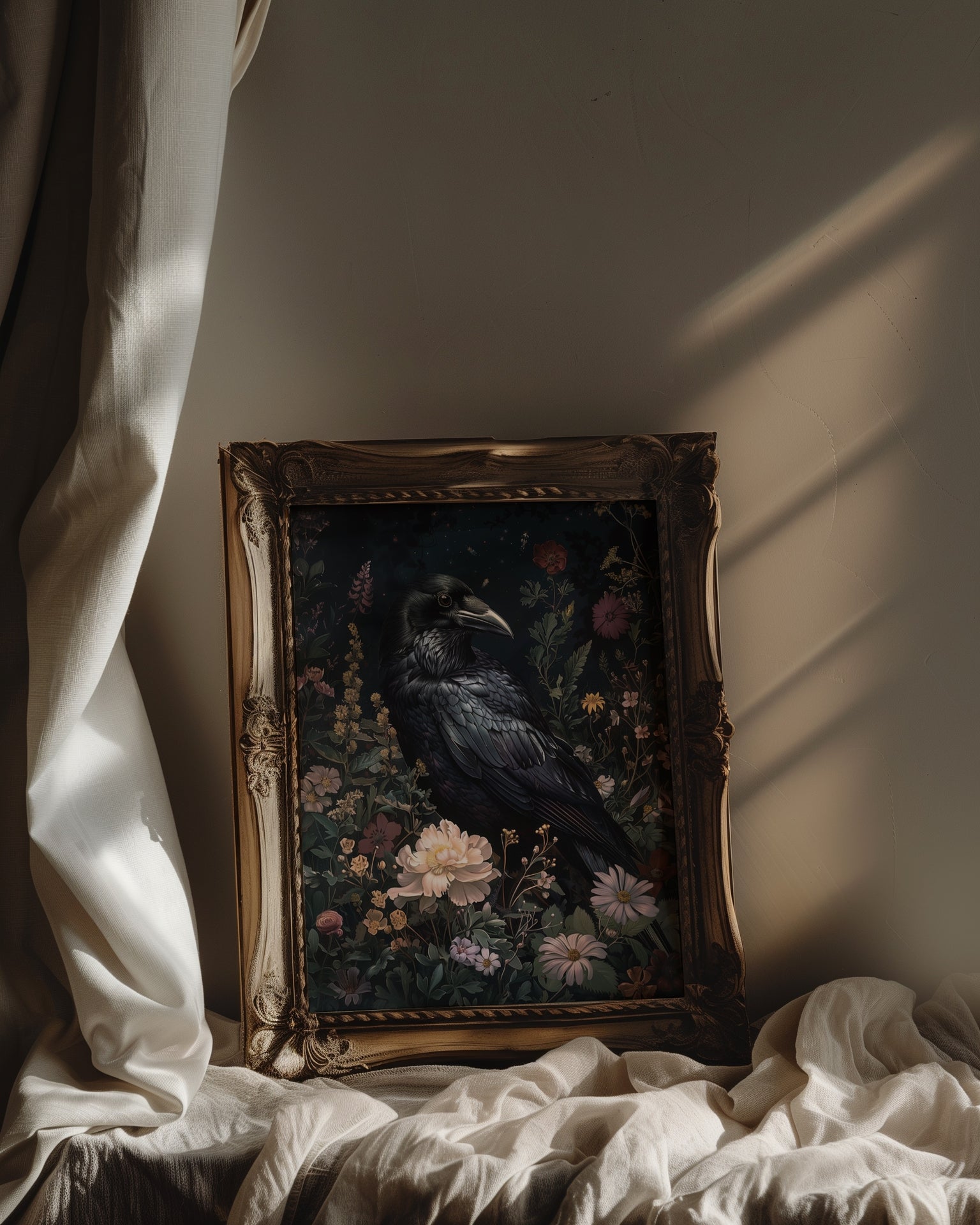 vintage framed gothic raven botanical wall art print
