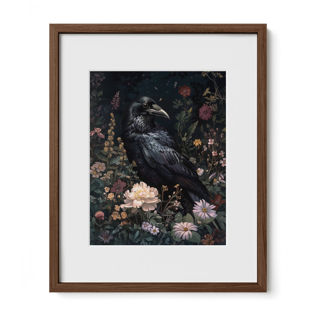 walnut framed dark botanical raven art print with mat