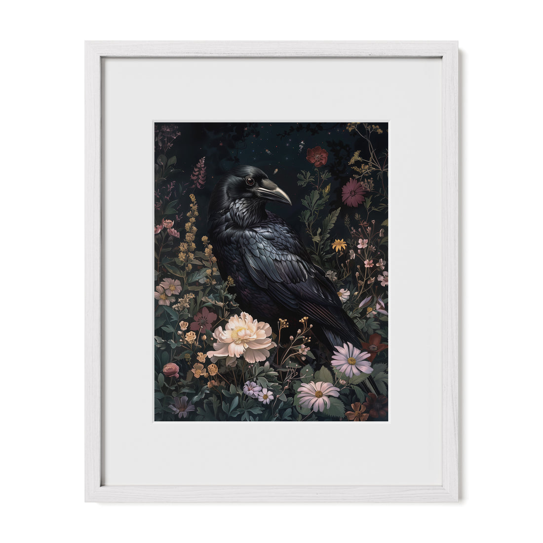 white framed poetic raven floral wall art print with mat