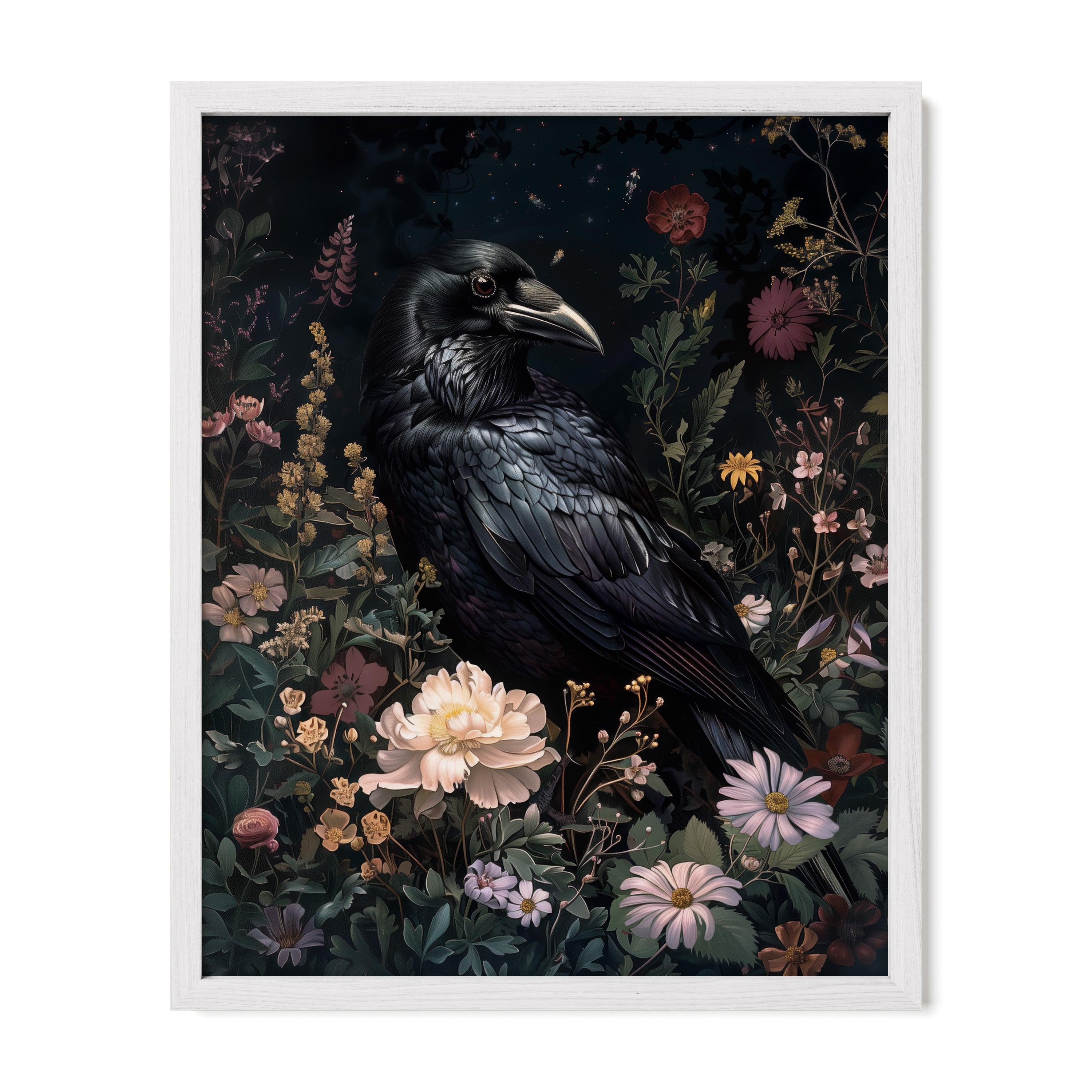 white framed gothic raven wall art print