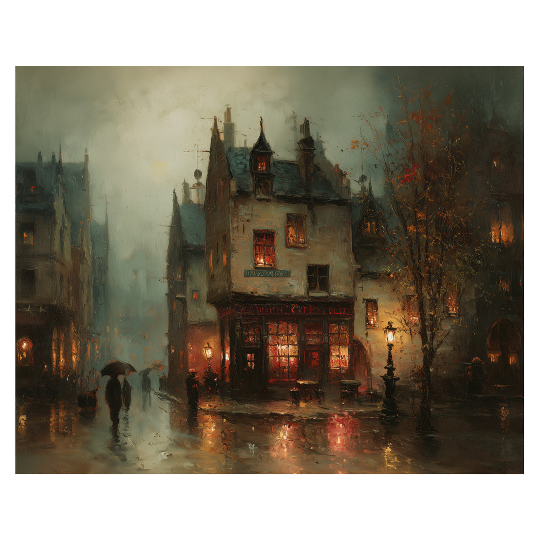 romantic Parisian wall art print with rain-soaked city street and glowing storefronts