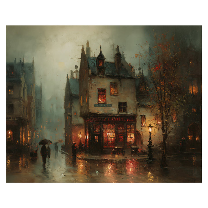 romantic Parisian wall art print with rain-soaked city street and glowing storefronts