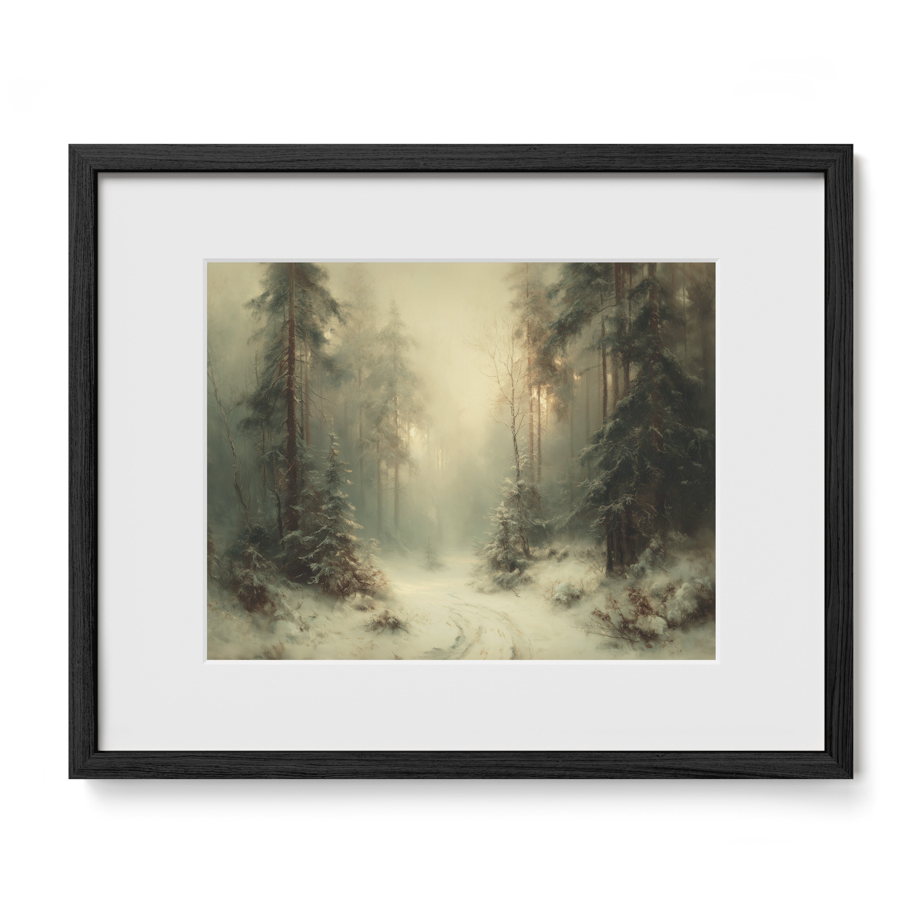 black framed snowy forest path wall art print with mat