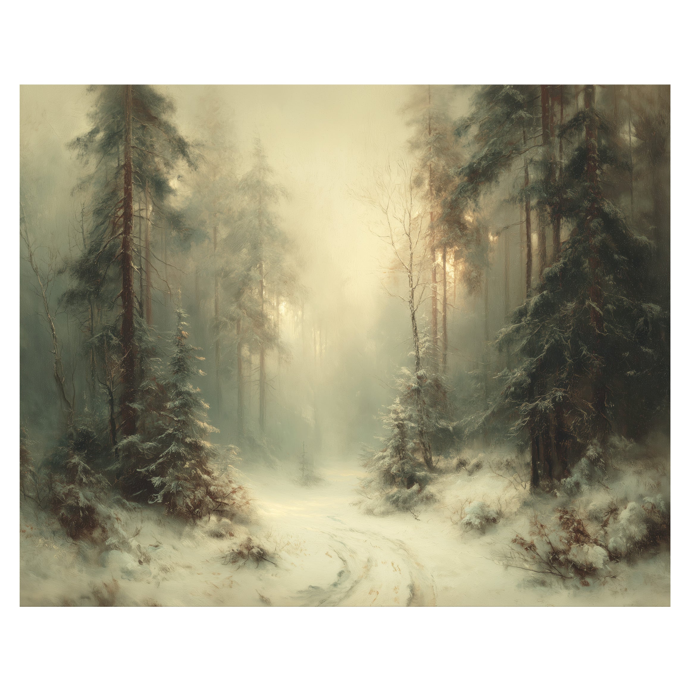 winter forest path wall art print with snowy woodland trail through pine trees