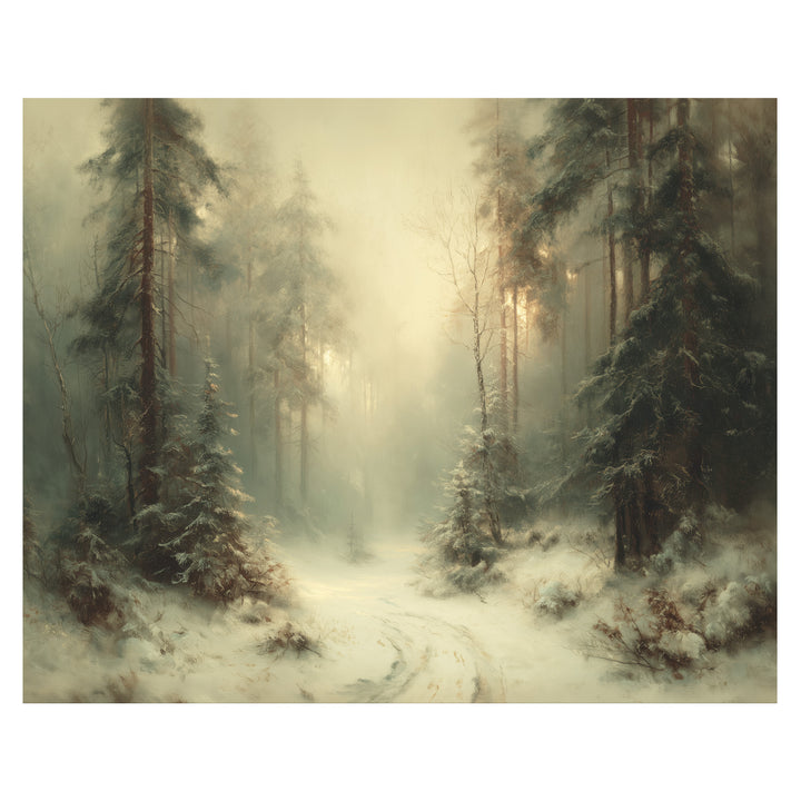 winter forest path wall art print with snowy woodland trail through pine trees