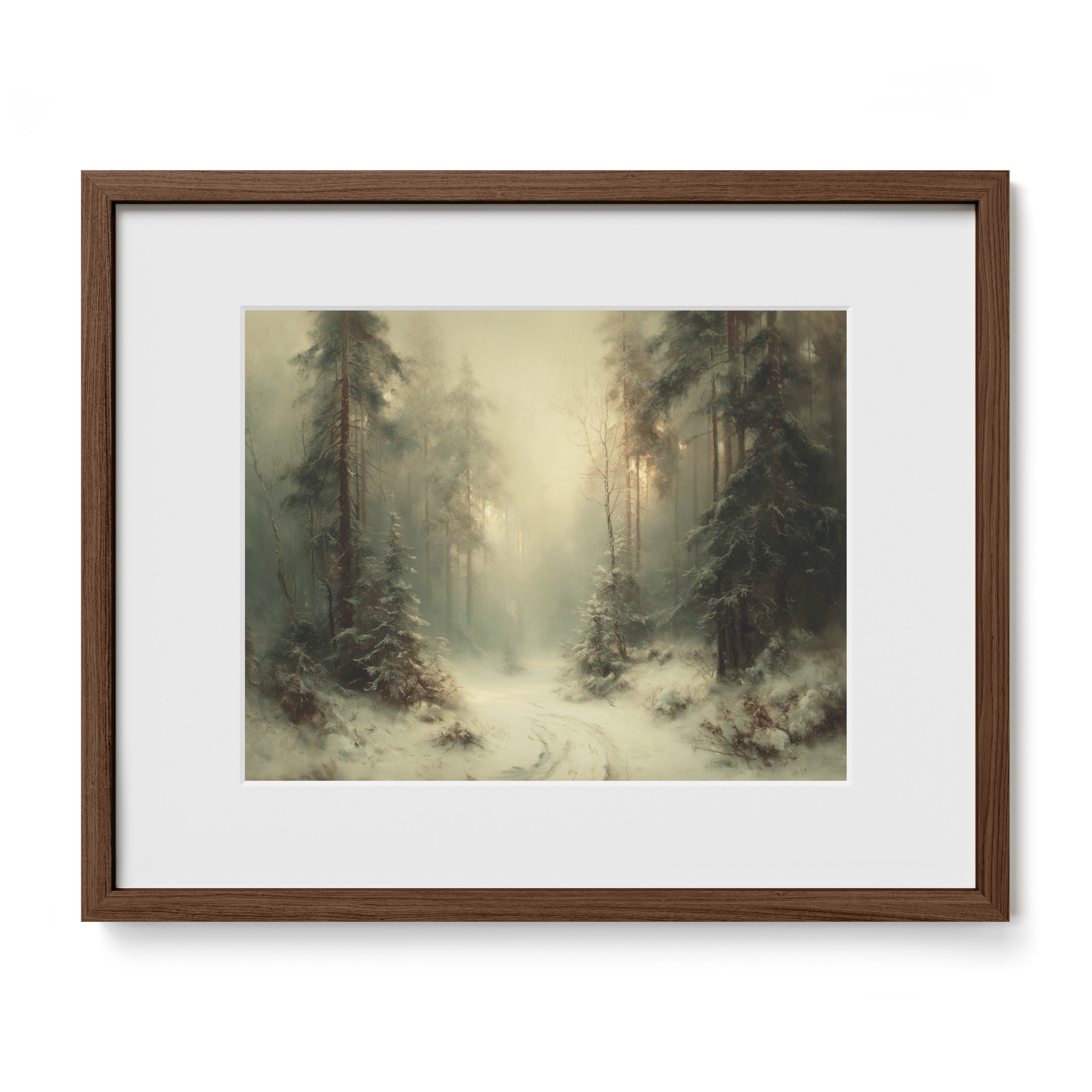 walnut framed snowy pine forest wall art print with mat