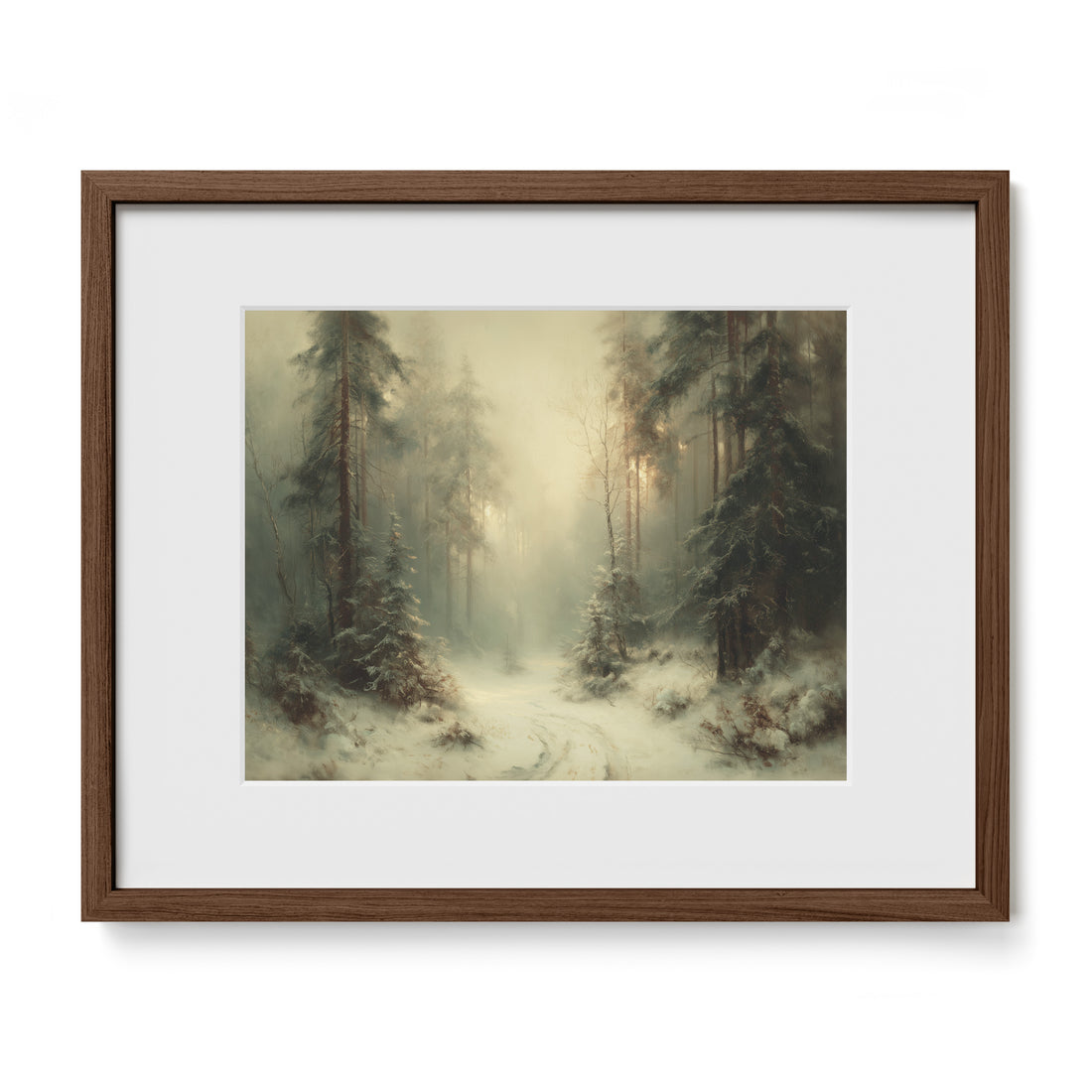 walnut framed snowy pine forest wall art print with mat
