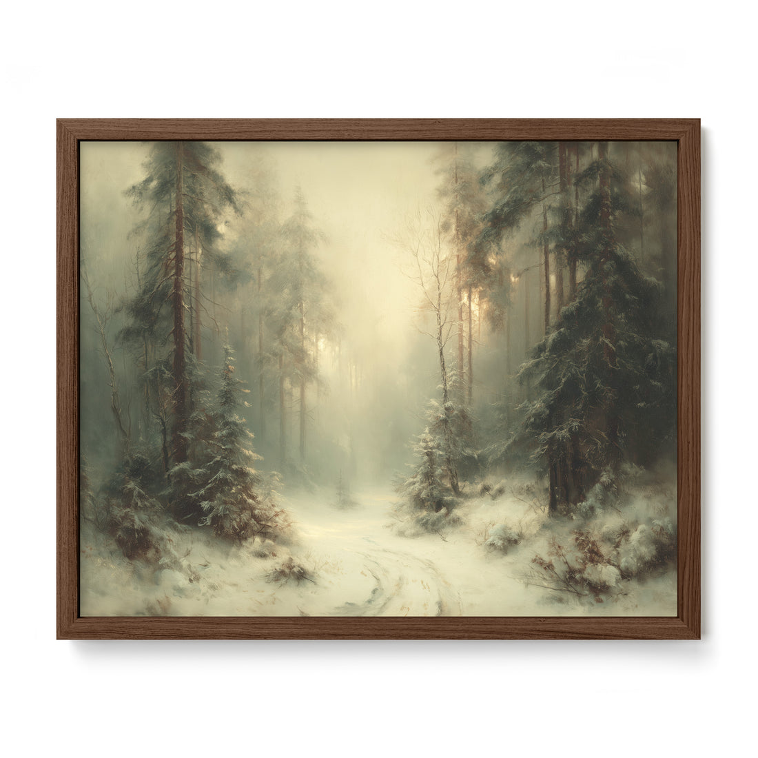 walnut framed winter woodland path wall art print