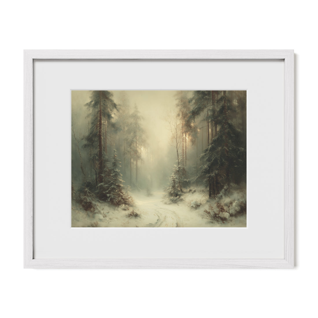 white framed snowy woodland wall art print with mat
