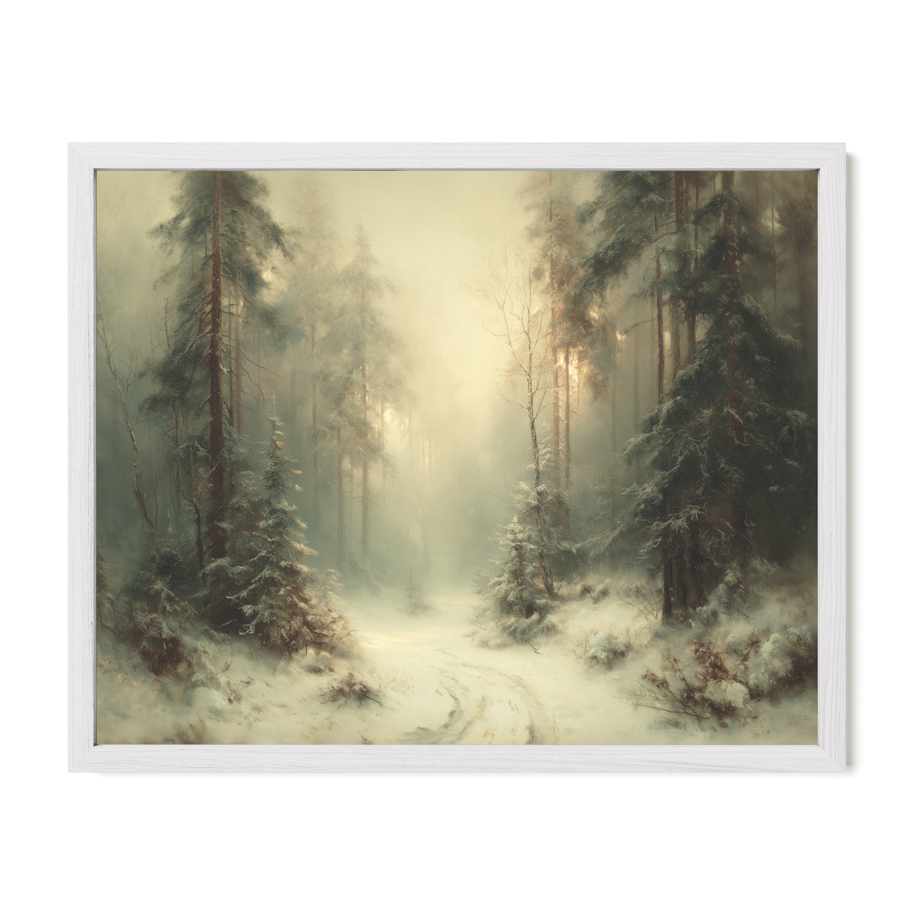 white framed winter forest path wall art print