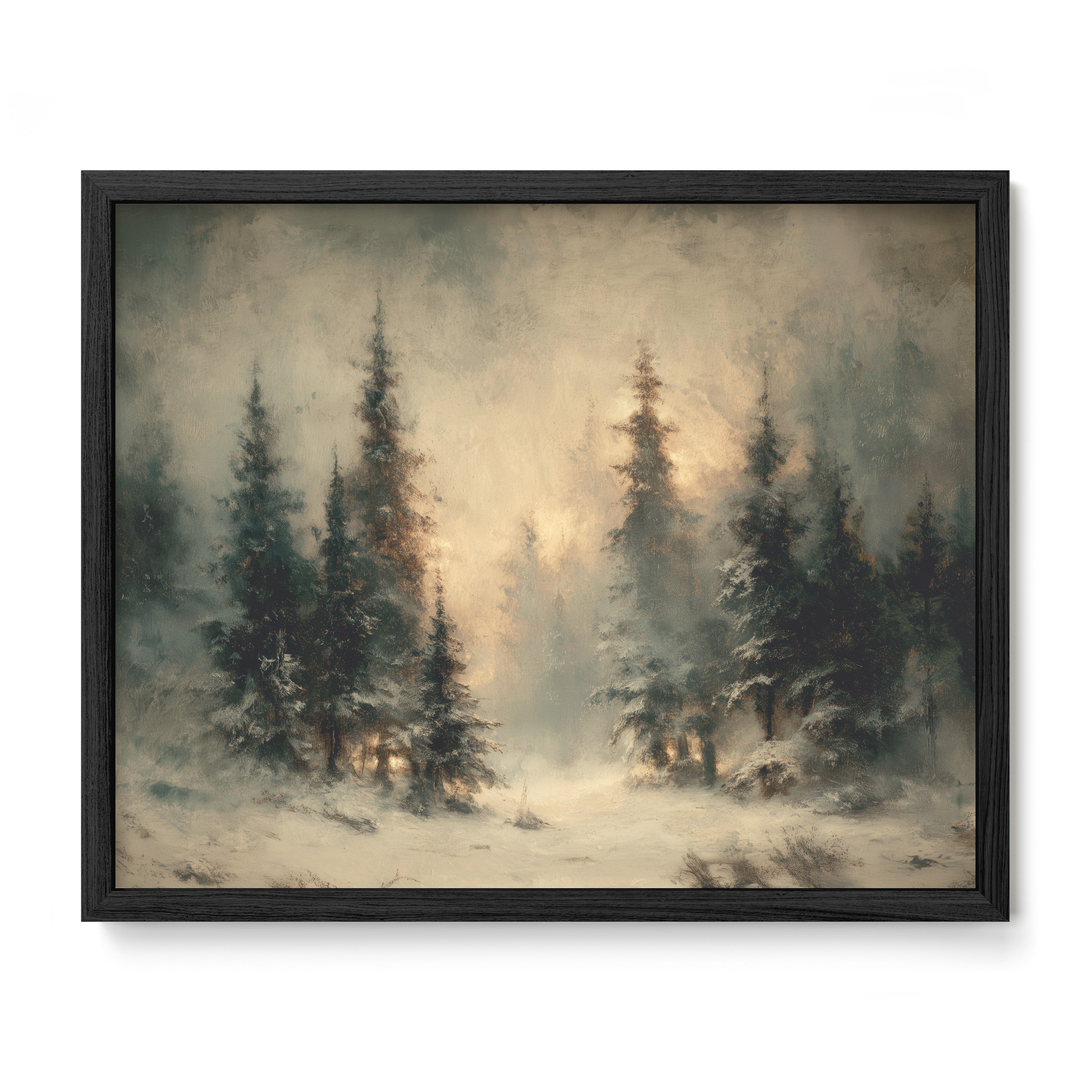 black framed winter pine forest wall art print