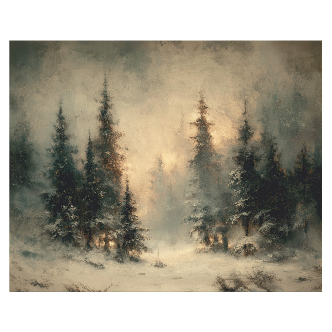 winter pine forest wall art print with snowy trees and soft misty woodland light