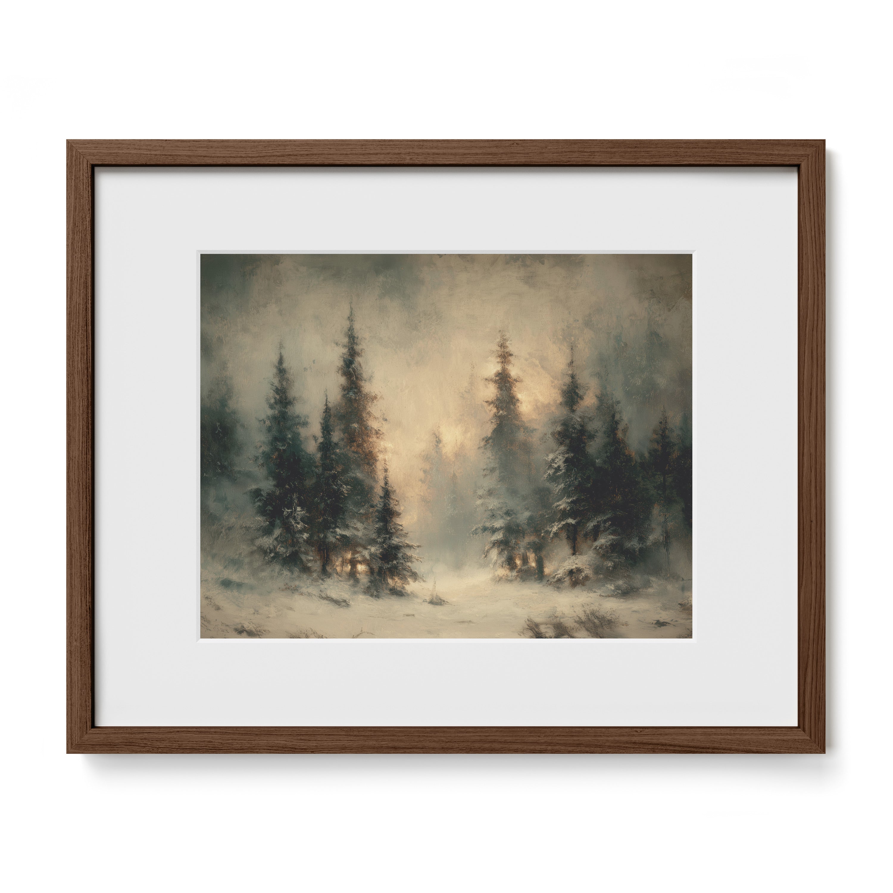 walnut framed snowy woodland wall art print with mat