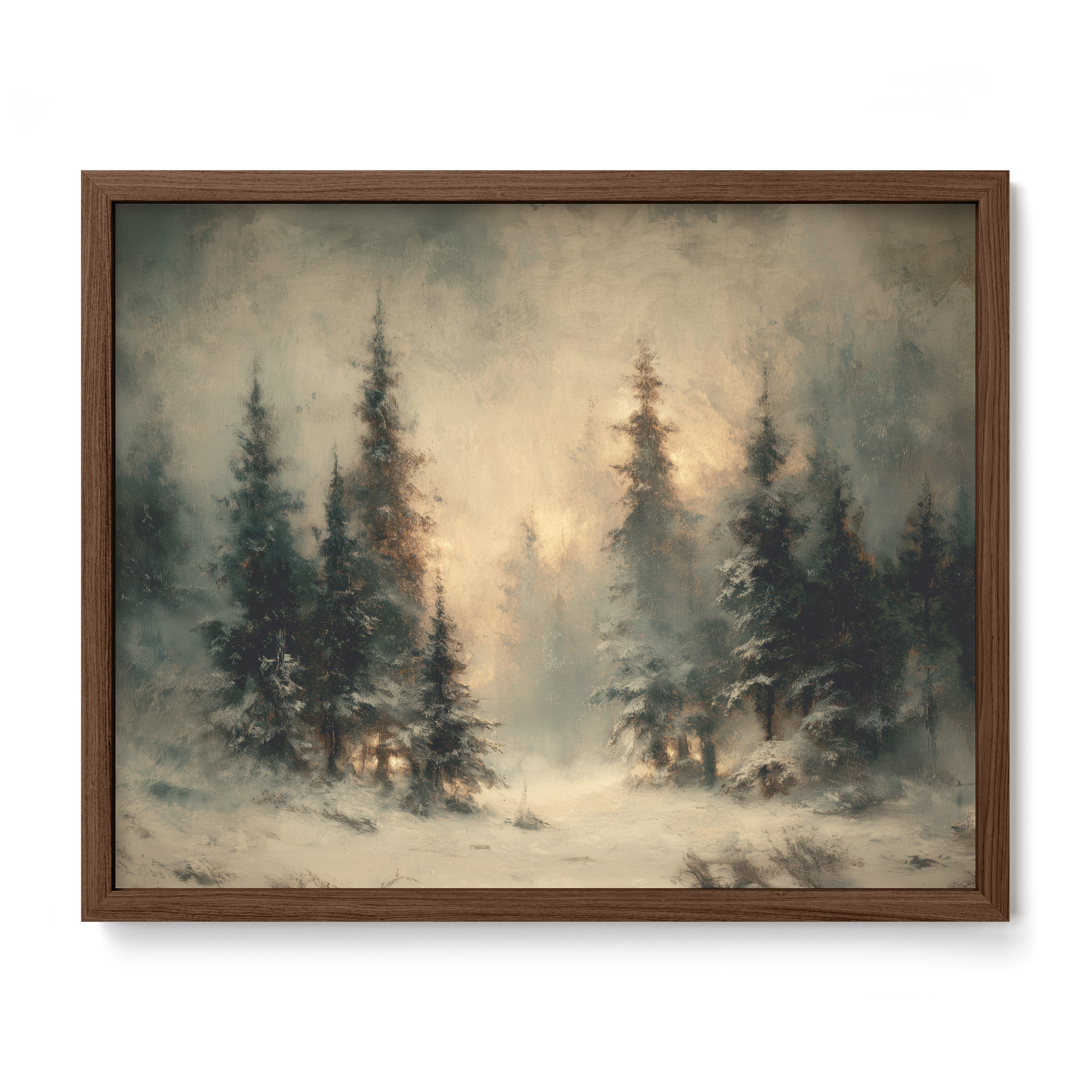 walnut framed winter pine forest wall art print