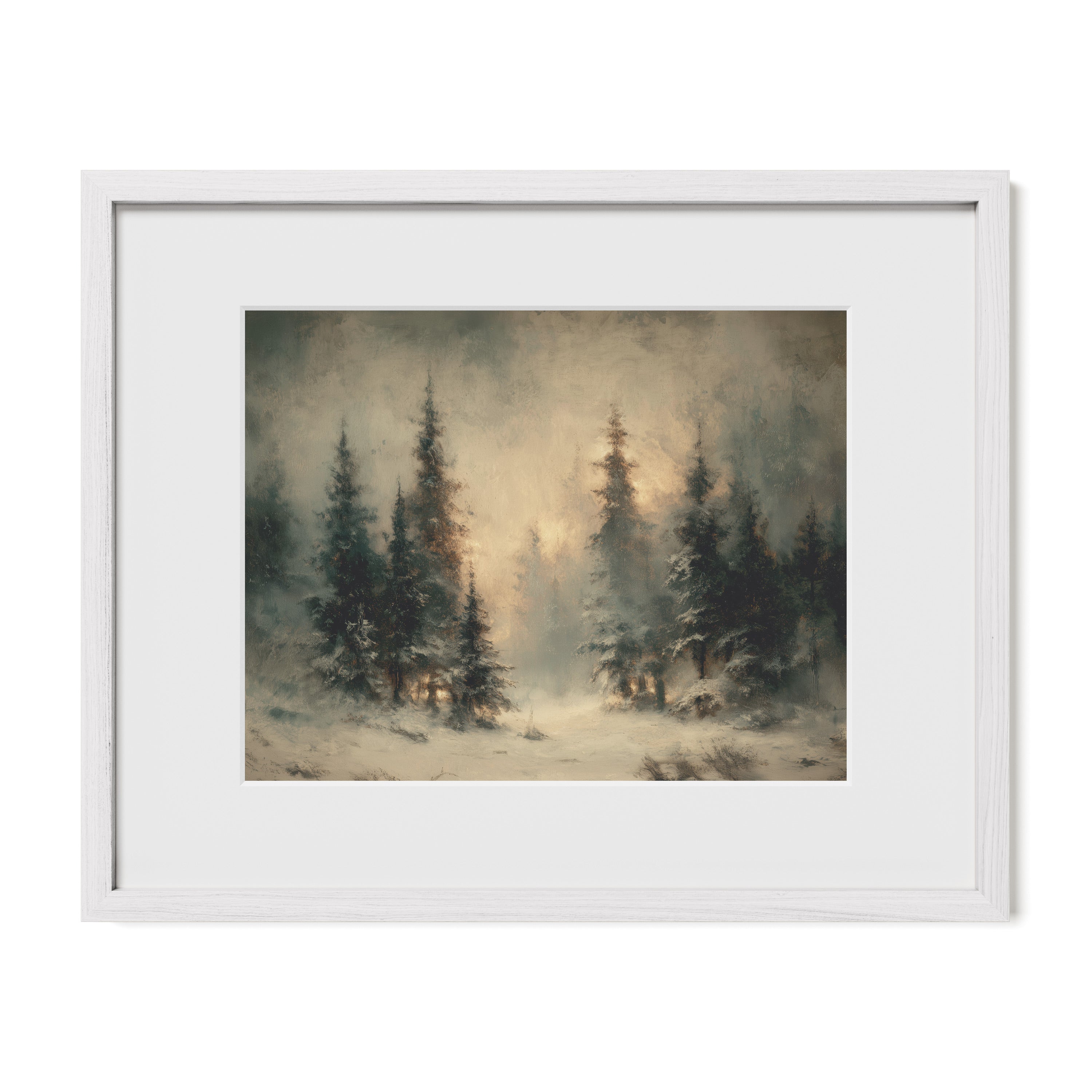 white framed snowy forest wall art print with mat
