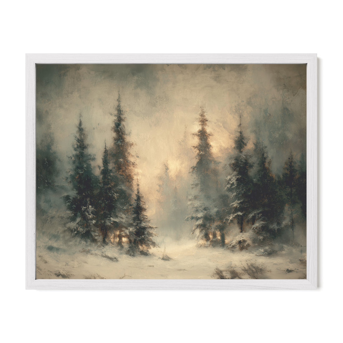 white framed winter pine wall art print