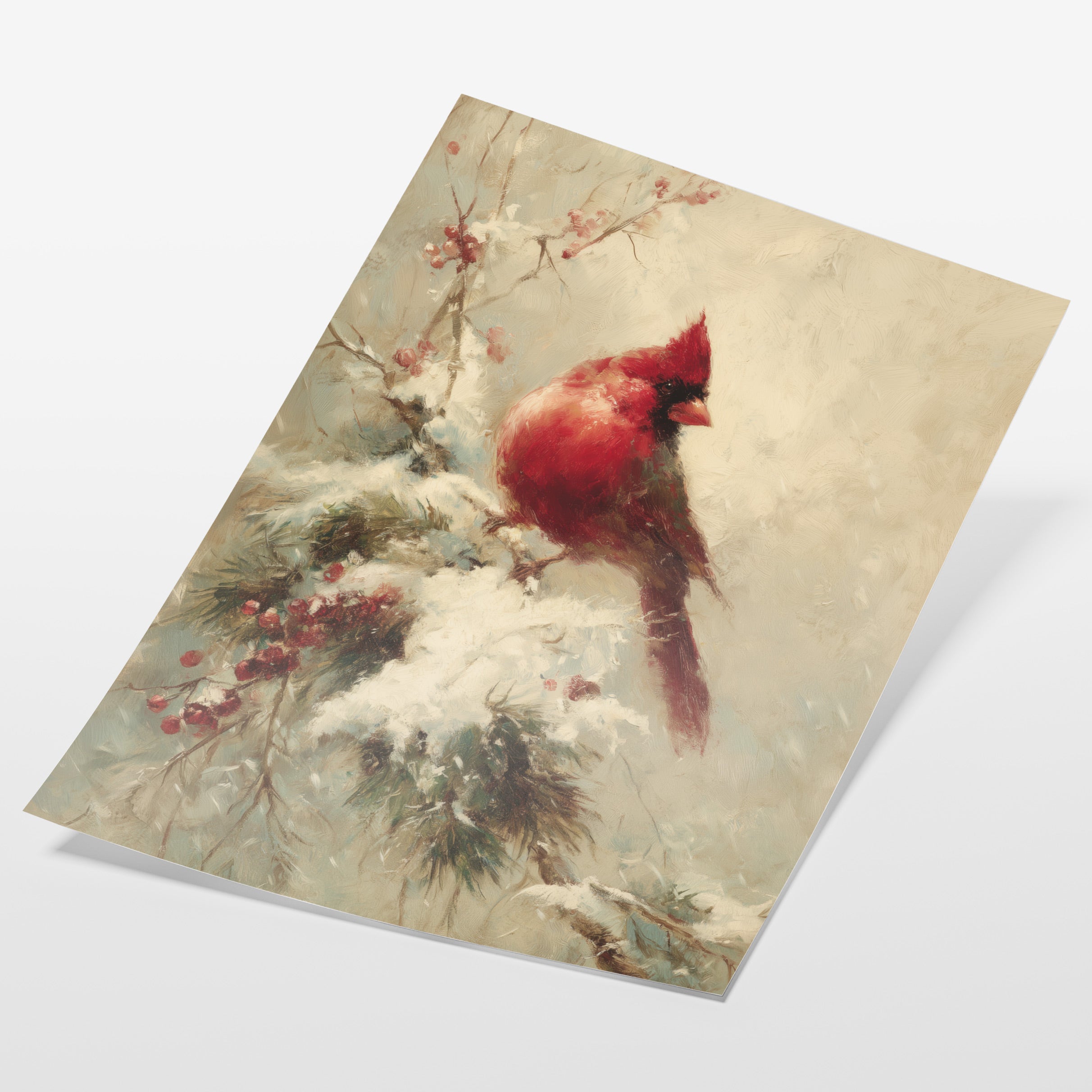 angled view of winter cardinal bird fine art print