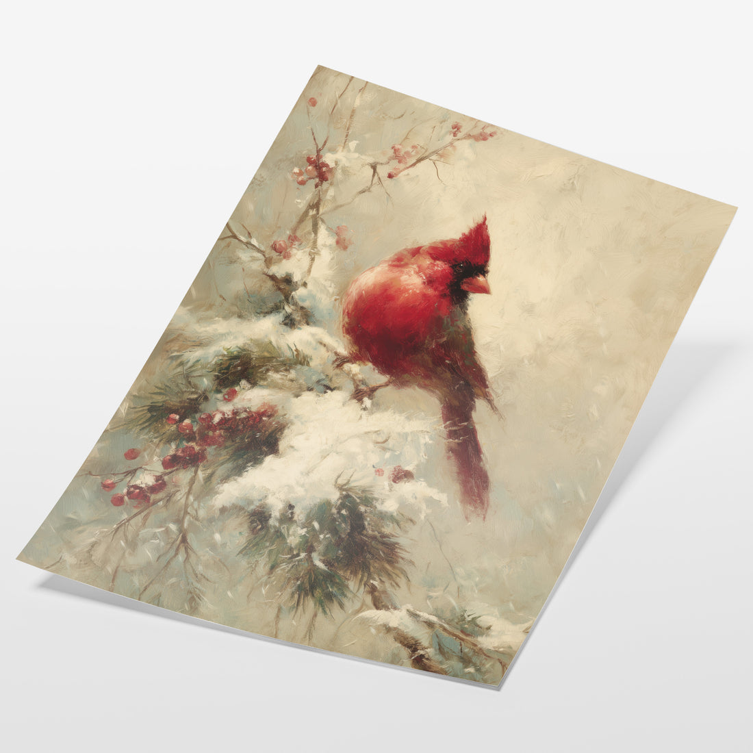 angled view of winter cardinal bird fine art print