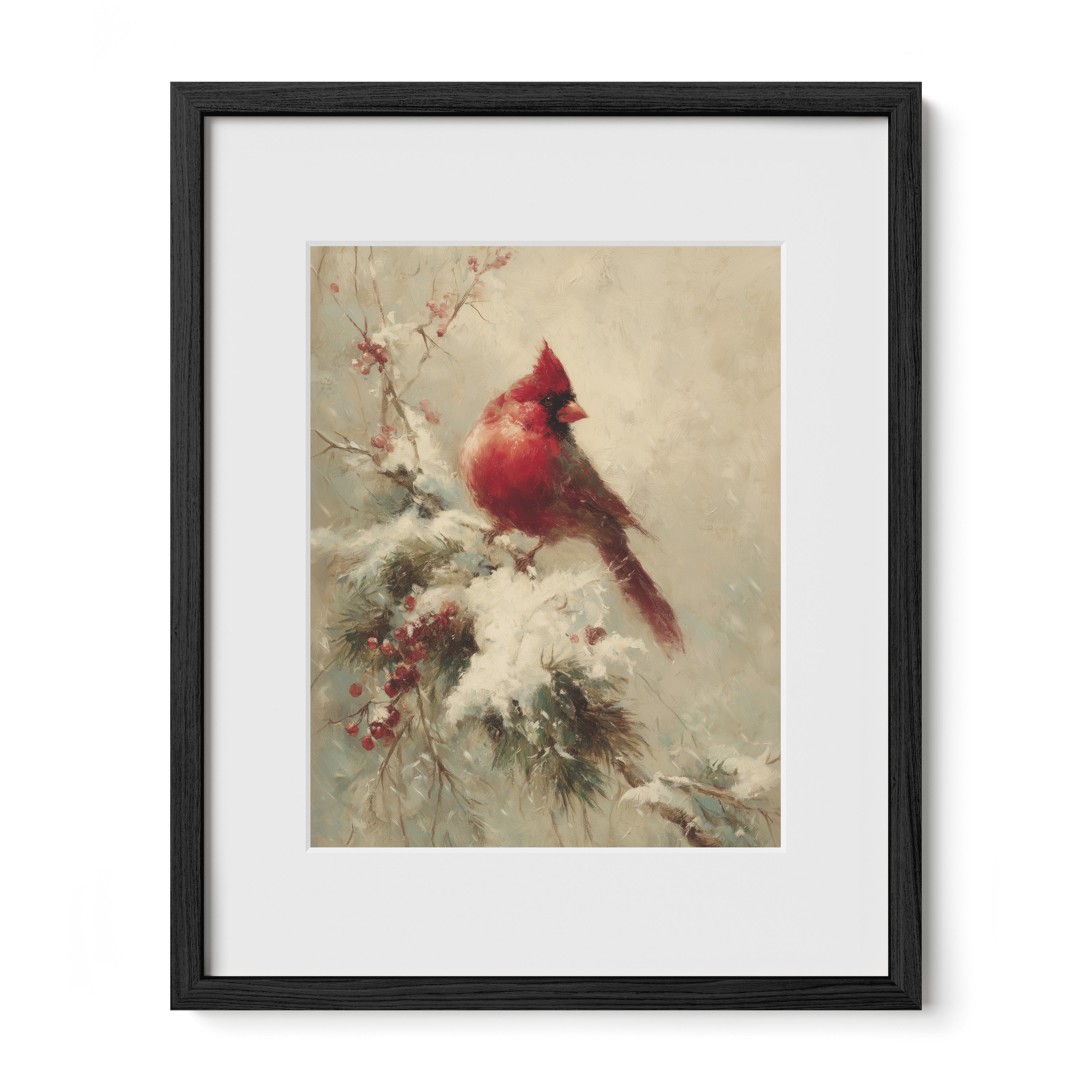 black framed red cardinal wall art print with mat