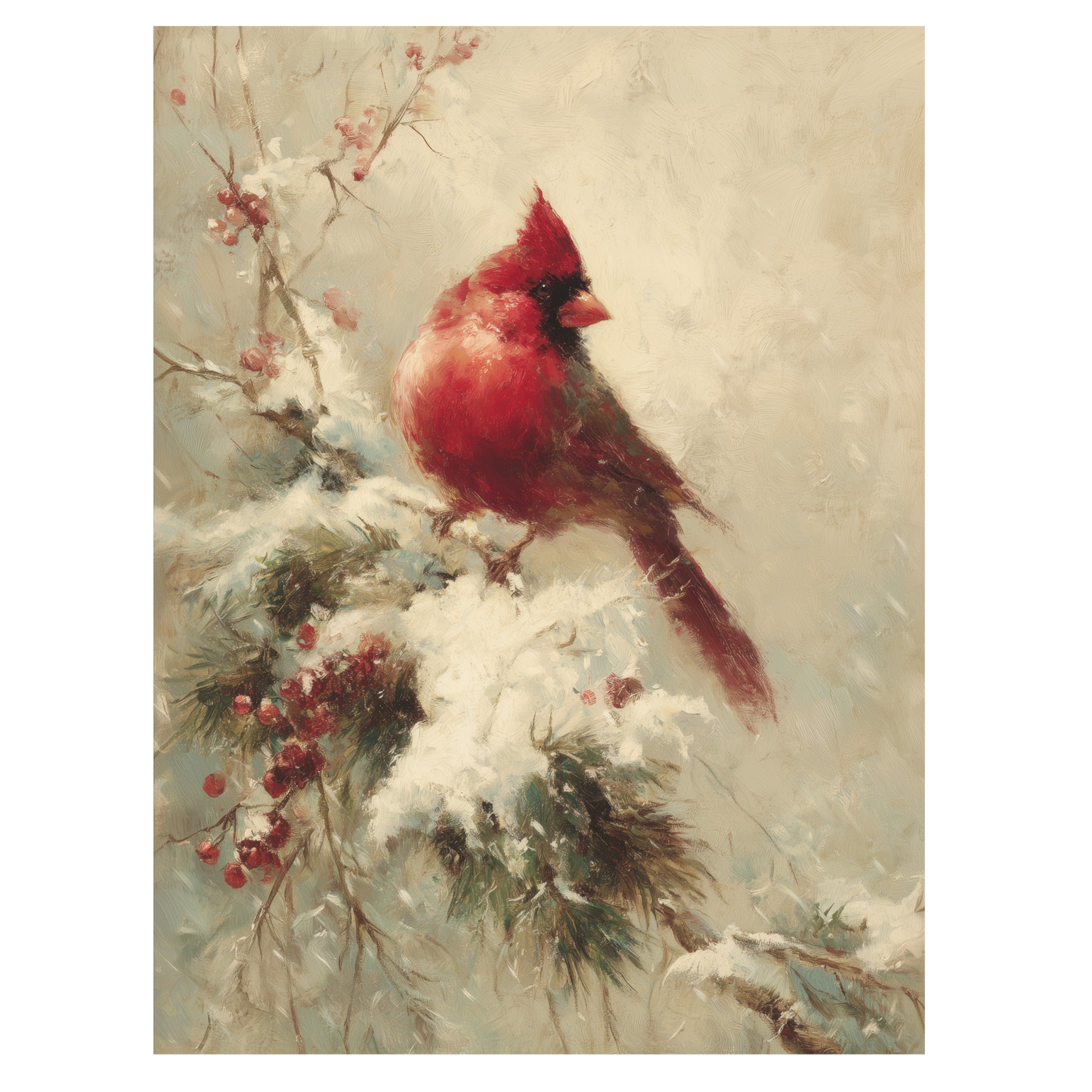winter cardinal bird wall art print with red bird perched in snowy branches