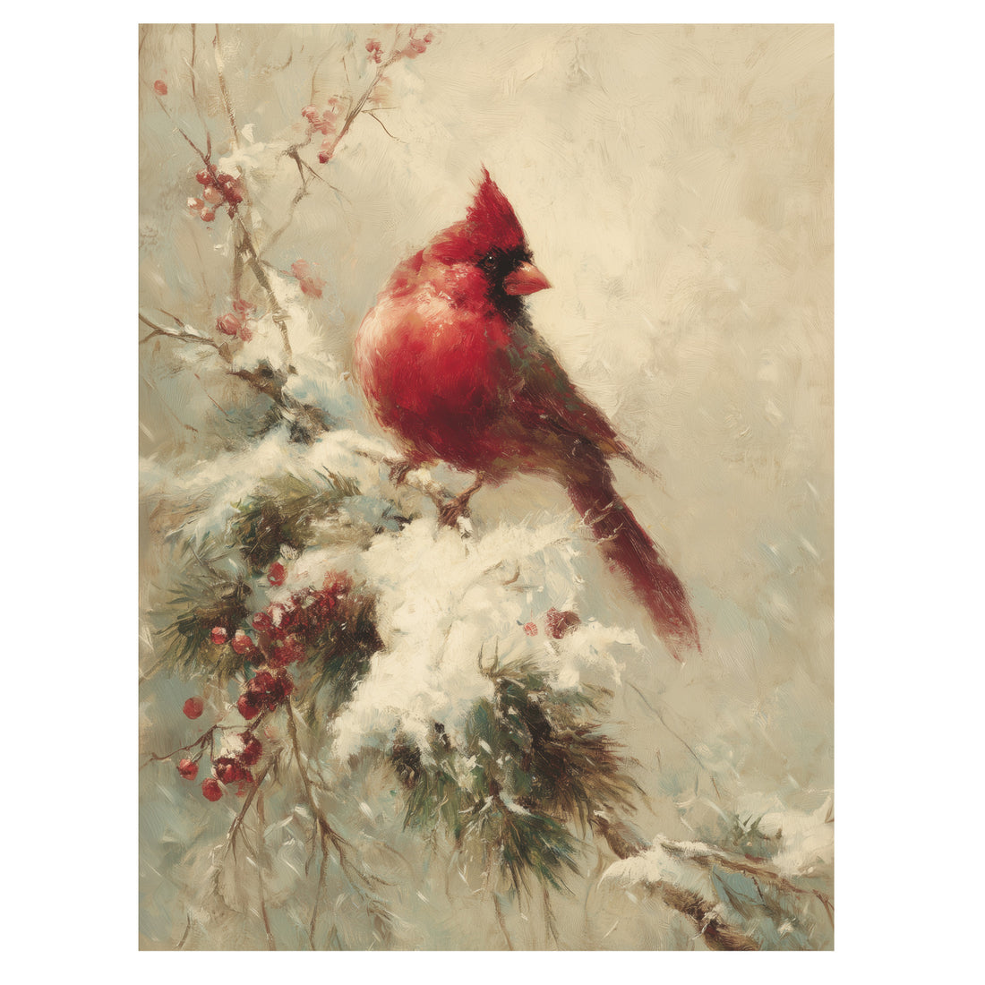 winter cardinal bird wall art print with red bird perched in snowy branches