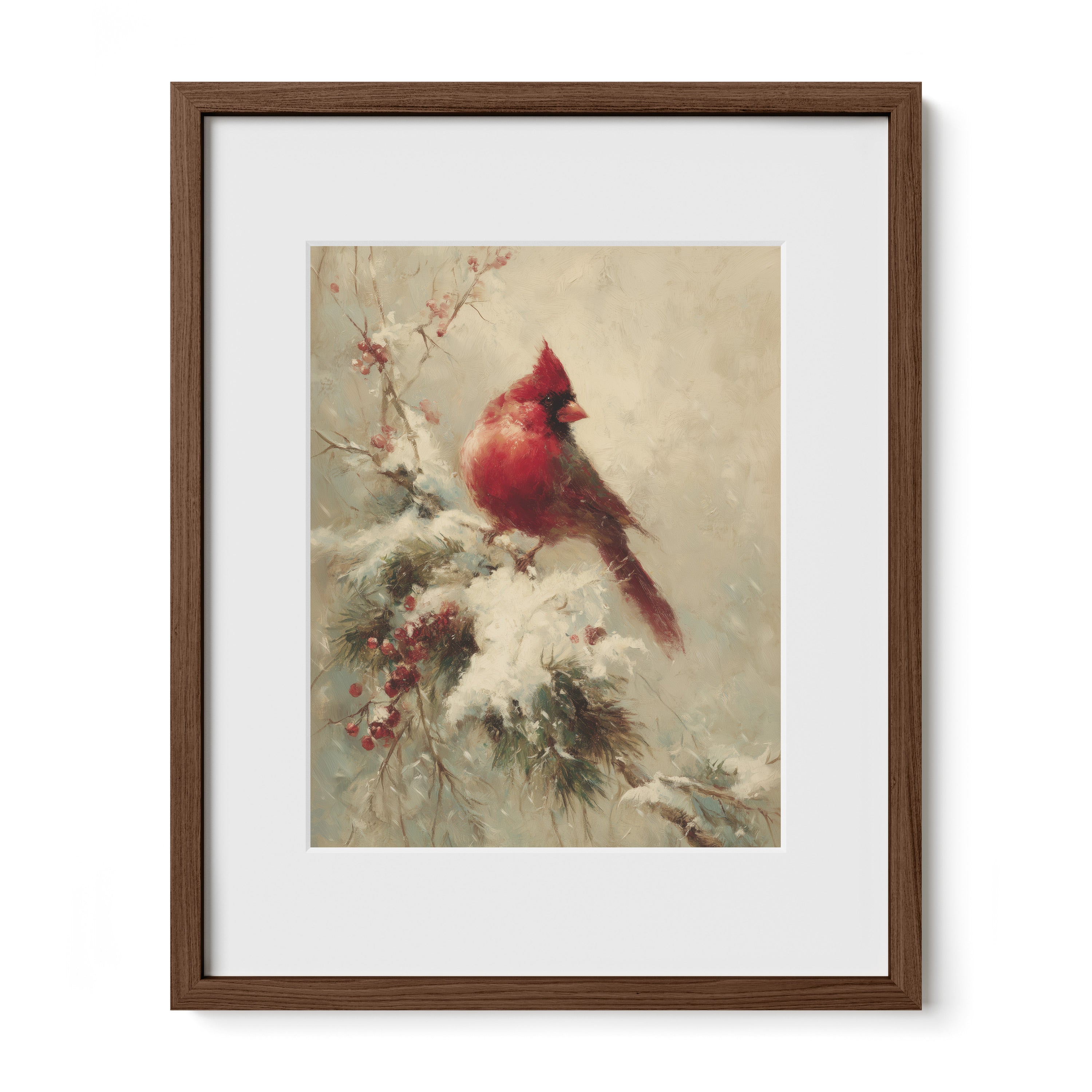 walnut framed snowy cardinal bird wall art print with mat