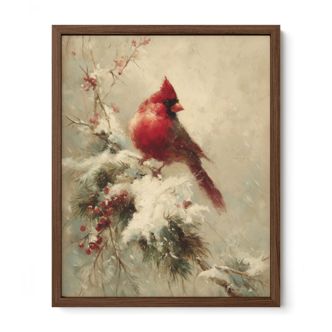 walnut framed winter cardinal bird wall art print