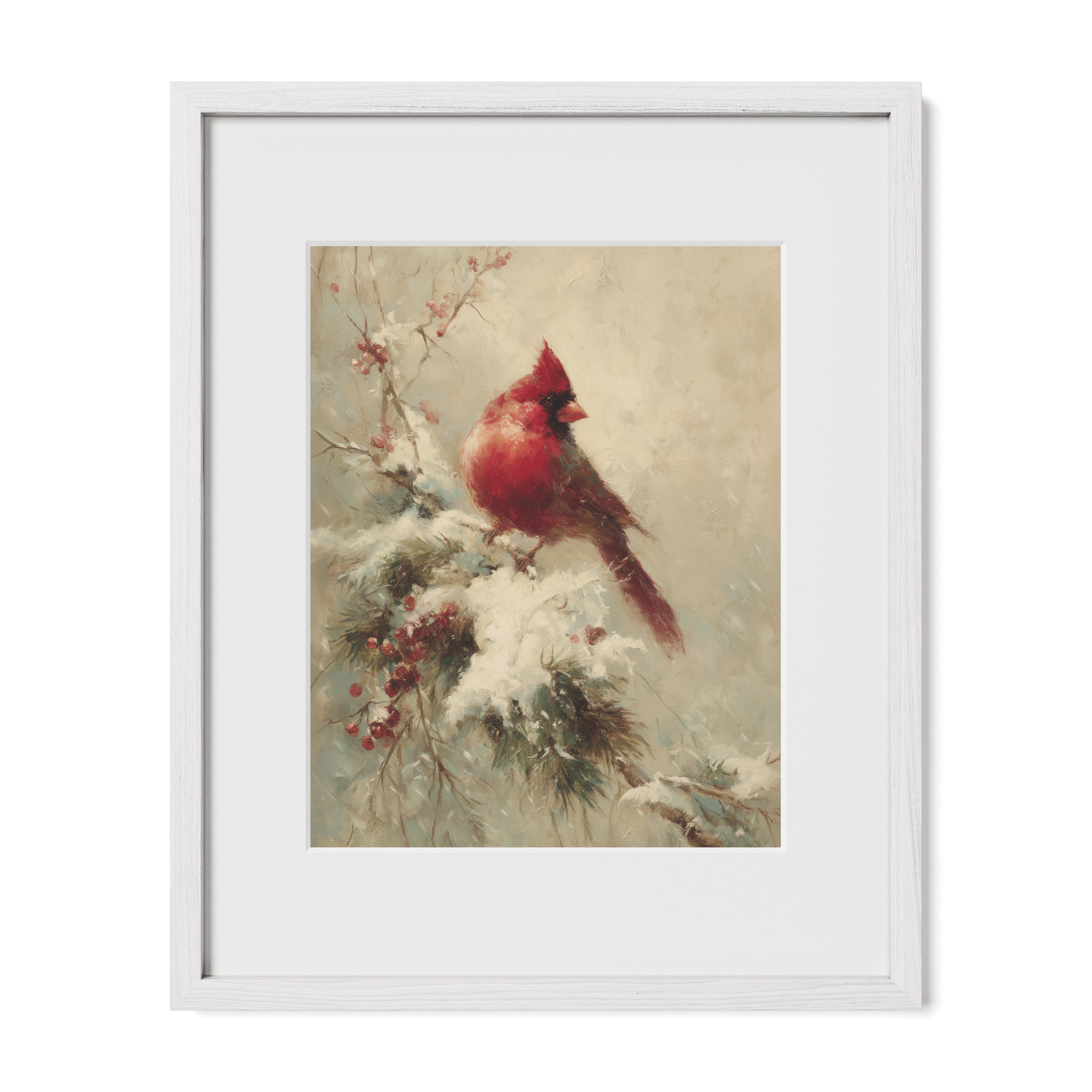 white framed red bird wall art print with mat