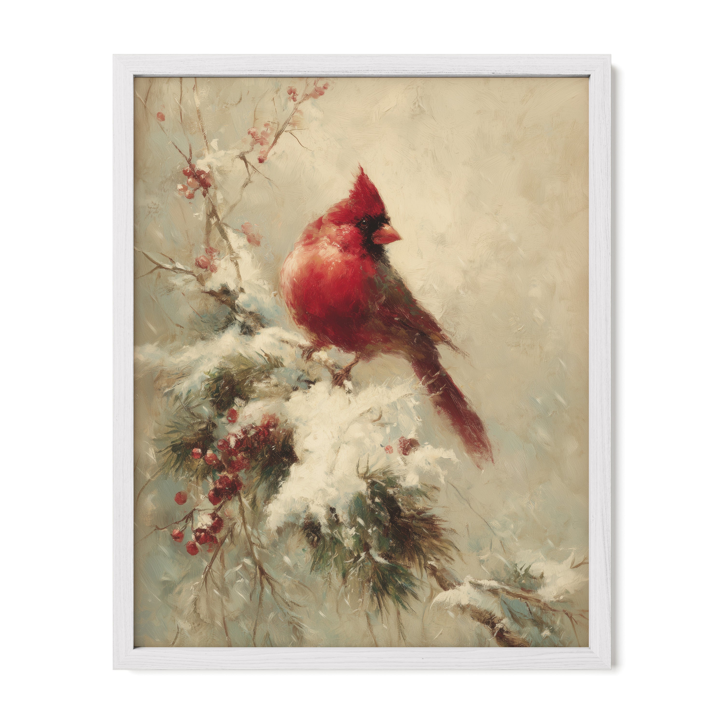 white framed winter cardinal wall art print